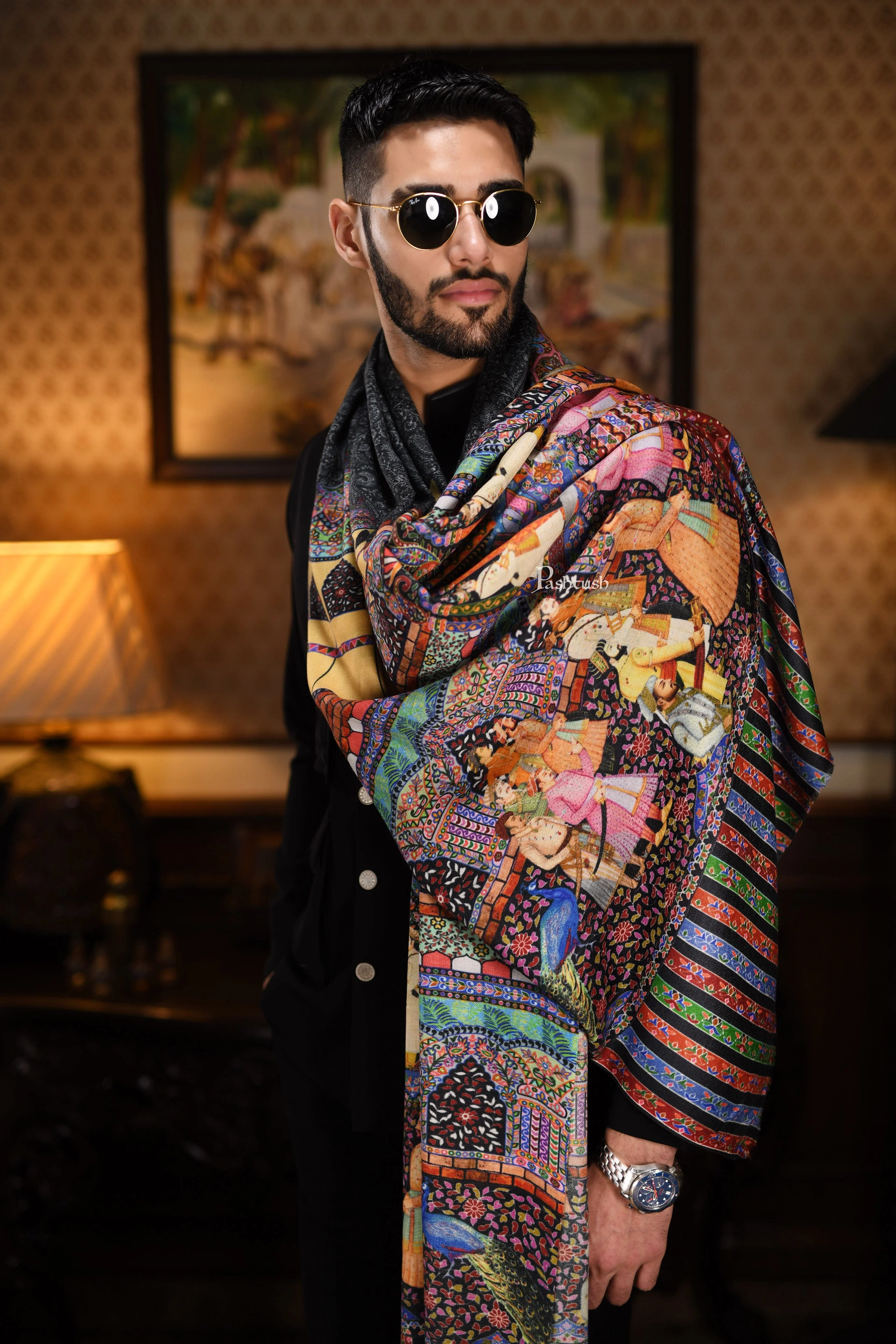 Pashtush His And Her Set Of 100% Pure Wool Printed Stole and Shawl With Wooden Chester Box, Multicolour - Image 12
