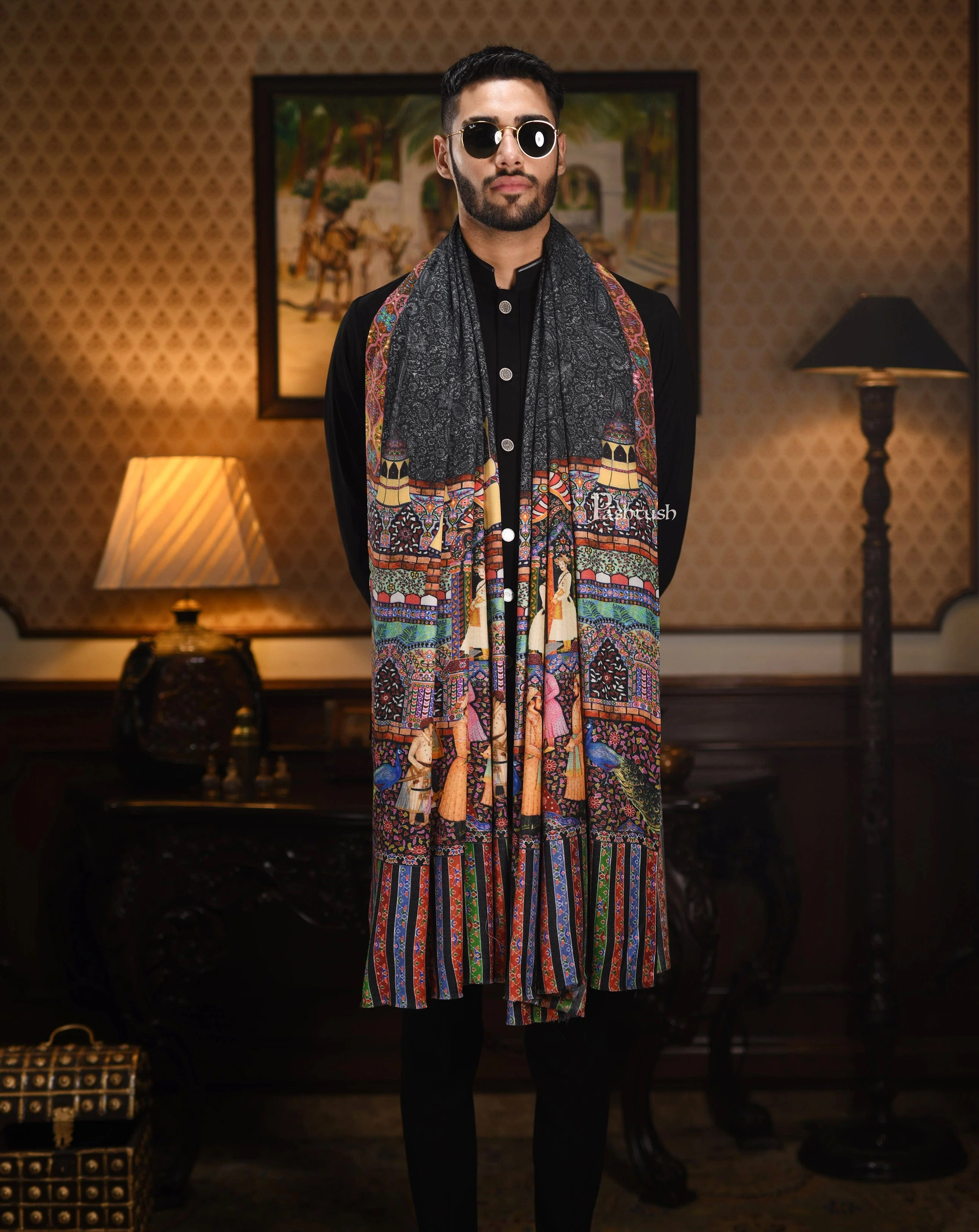 Pashtush His And Her Set Of 100% Pure Wool Printed Stole and Shawl With Wooden Chester Box, Multicolour - Image 13