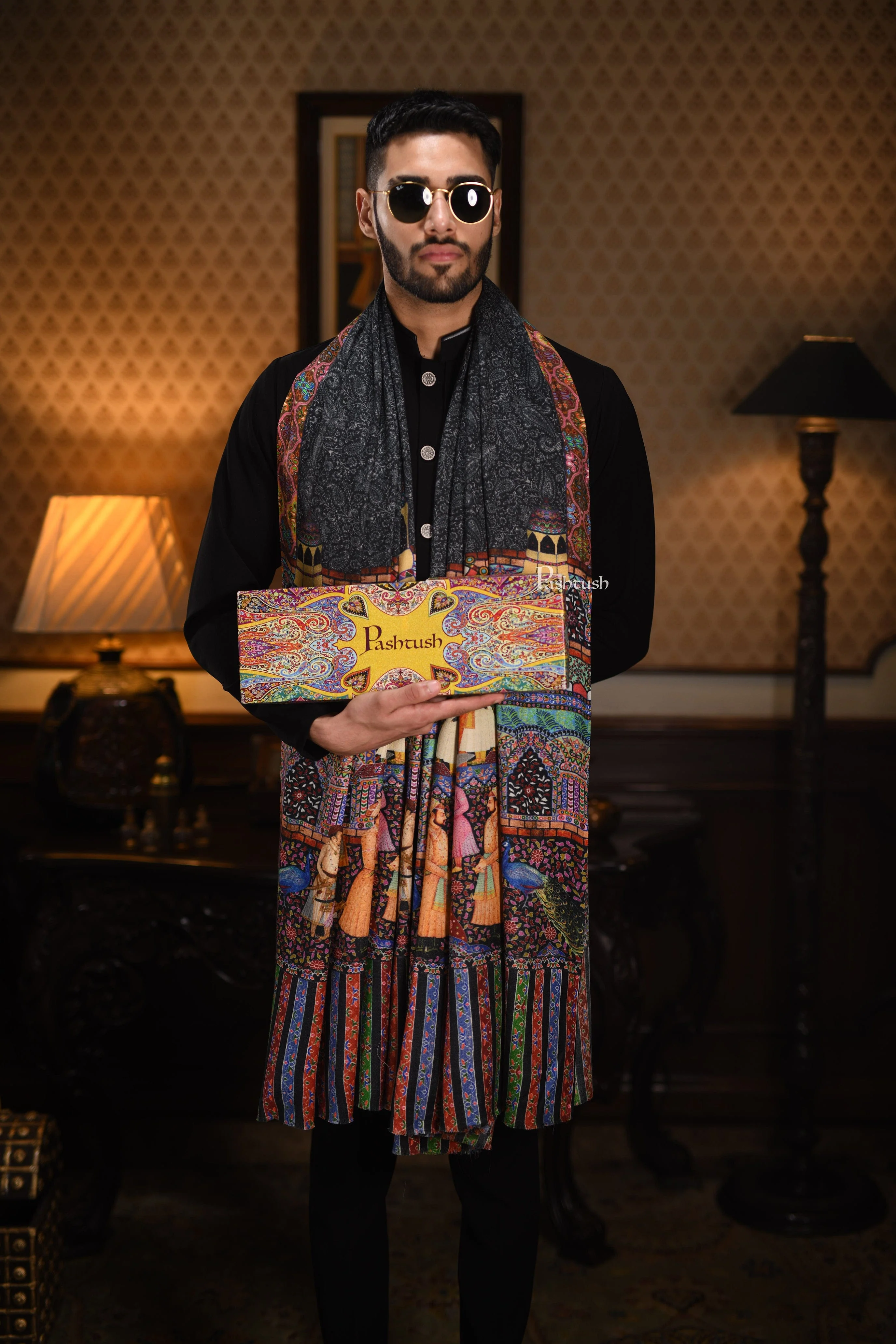 Pashtush His And Her Set Of 100% Pure Wool Printed Stole and Shawl With Wooden Chester Box, Multicolour - Image 14