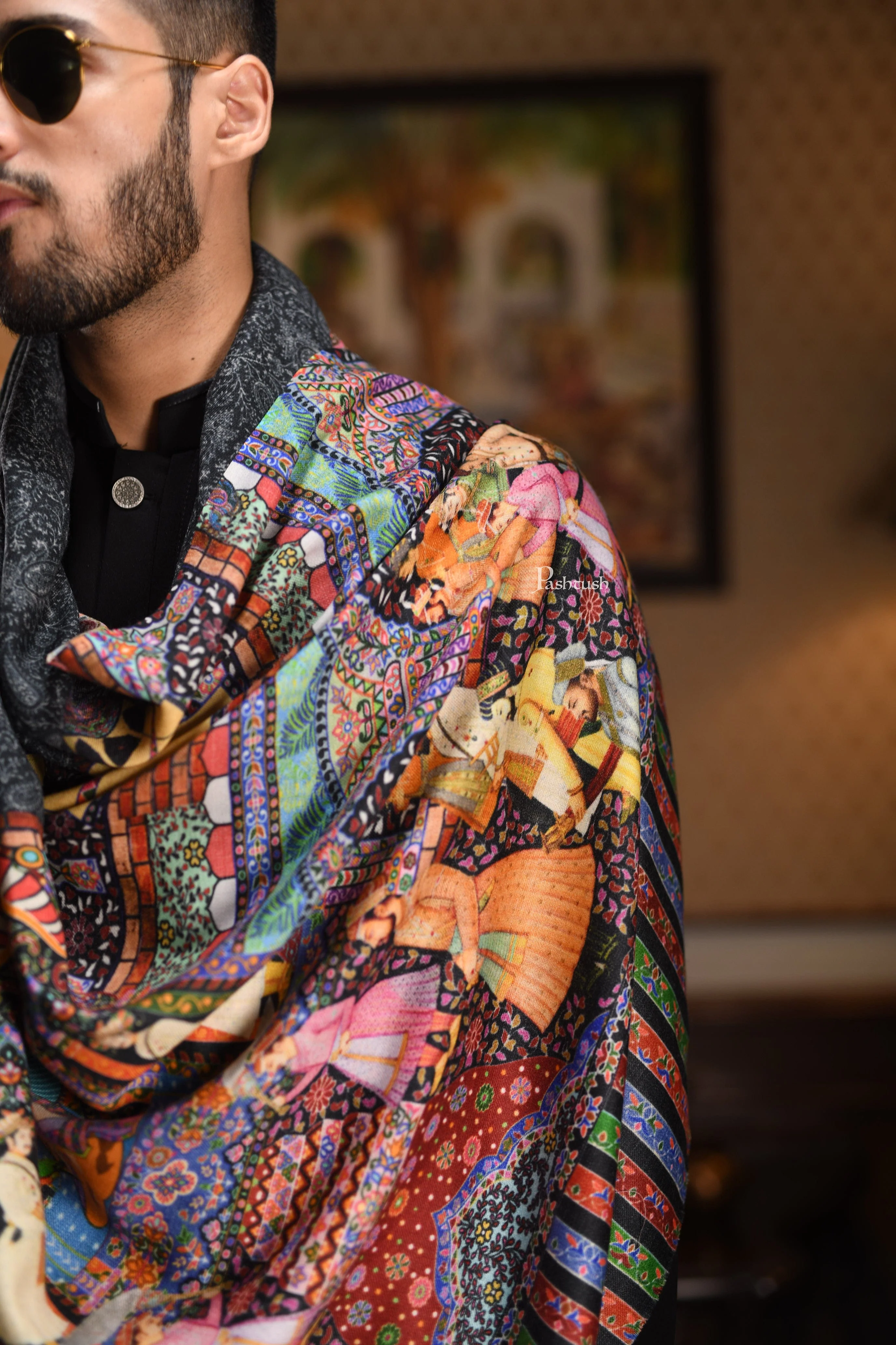 Pashtush His And Her Set Of 100% Pure Wool Printed Stole and Shawl With Wooden Chester Box, Multicolour - Image 8