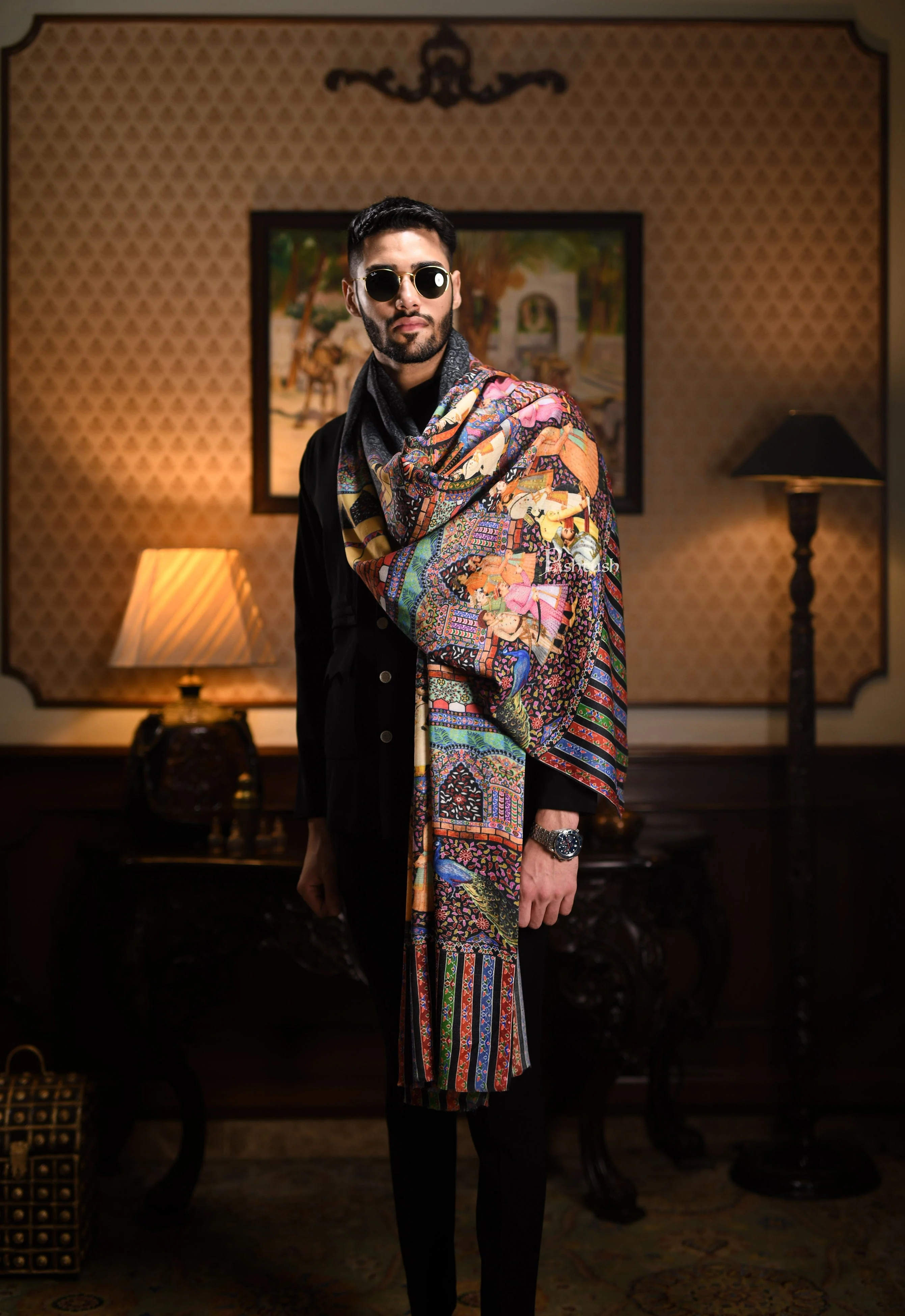 Pashtush His And Her Set Of 100% Pure Wool Printed Stole and Shikaardar Shawl With Wooden Chester Box, Multicolour and Red - Image 11