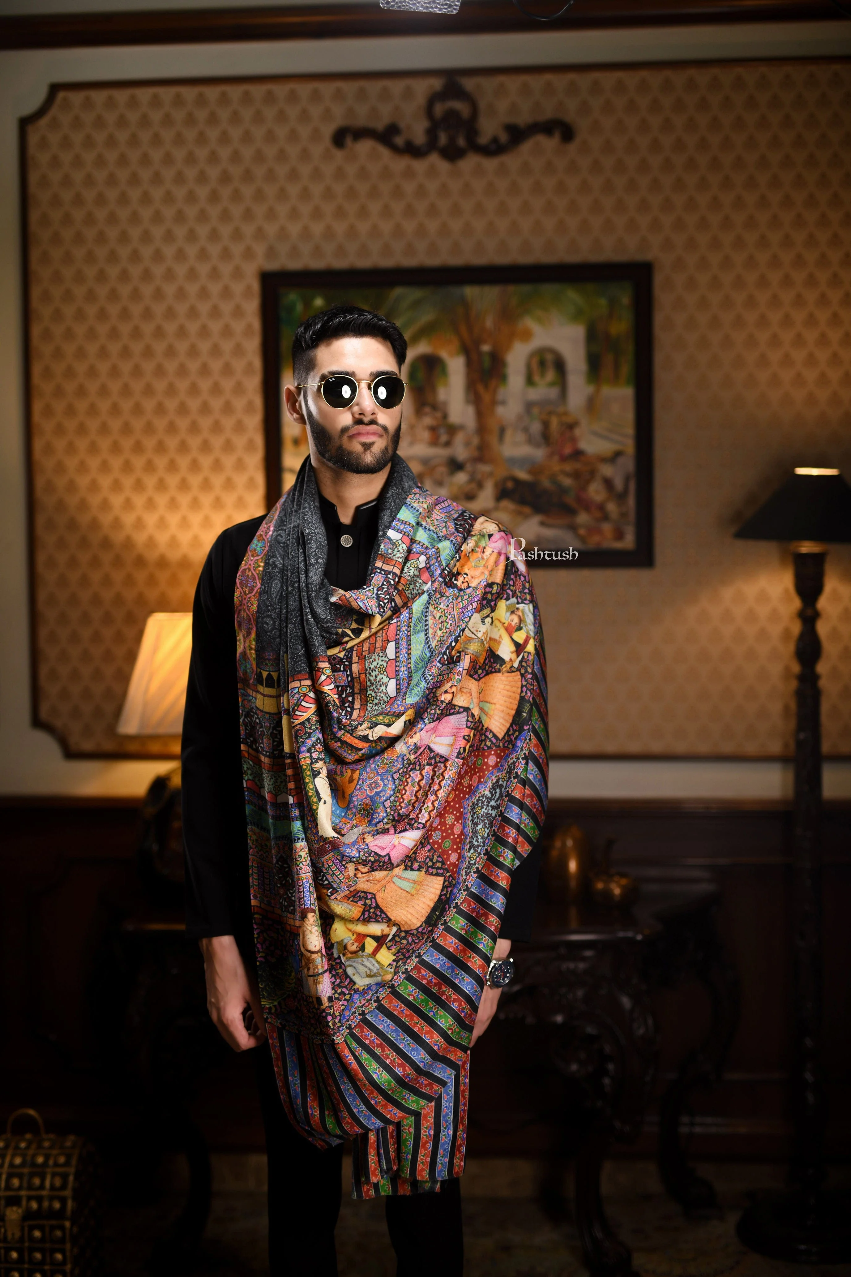 Pashtush His And Her Set Of 100% Pure Wool Printed Stole and Shikaardar Shawl With Wooden Chester Box, Multicolour and Red - Image 3