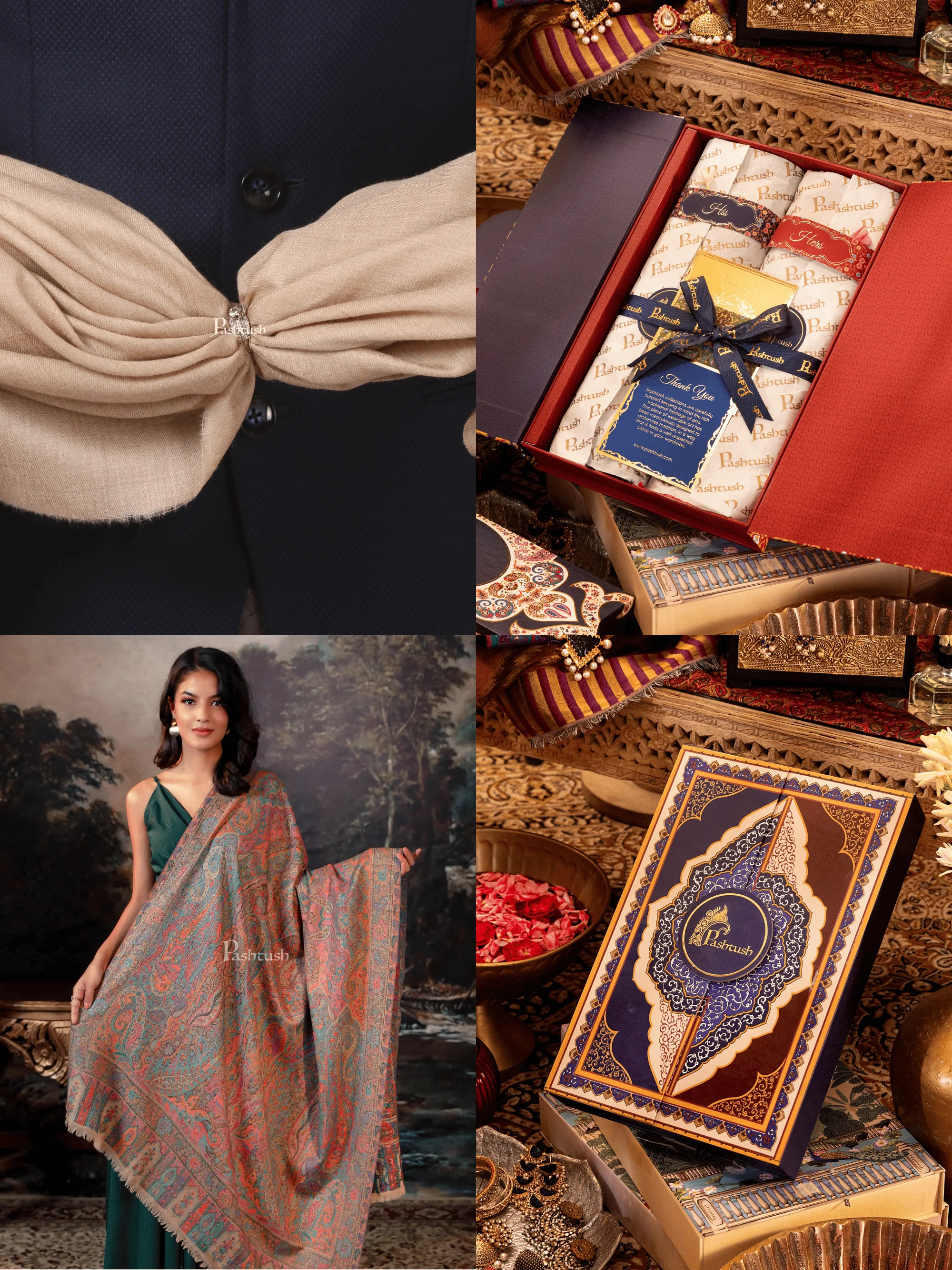Pashtush His And Her Set Of 100% Pure Wool Shawls, Premium Gift Box Packaging, Beige and Multicolour