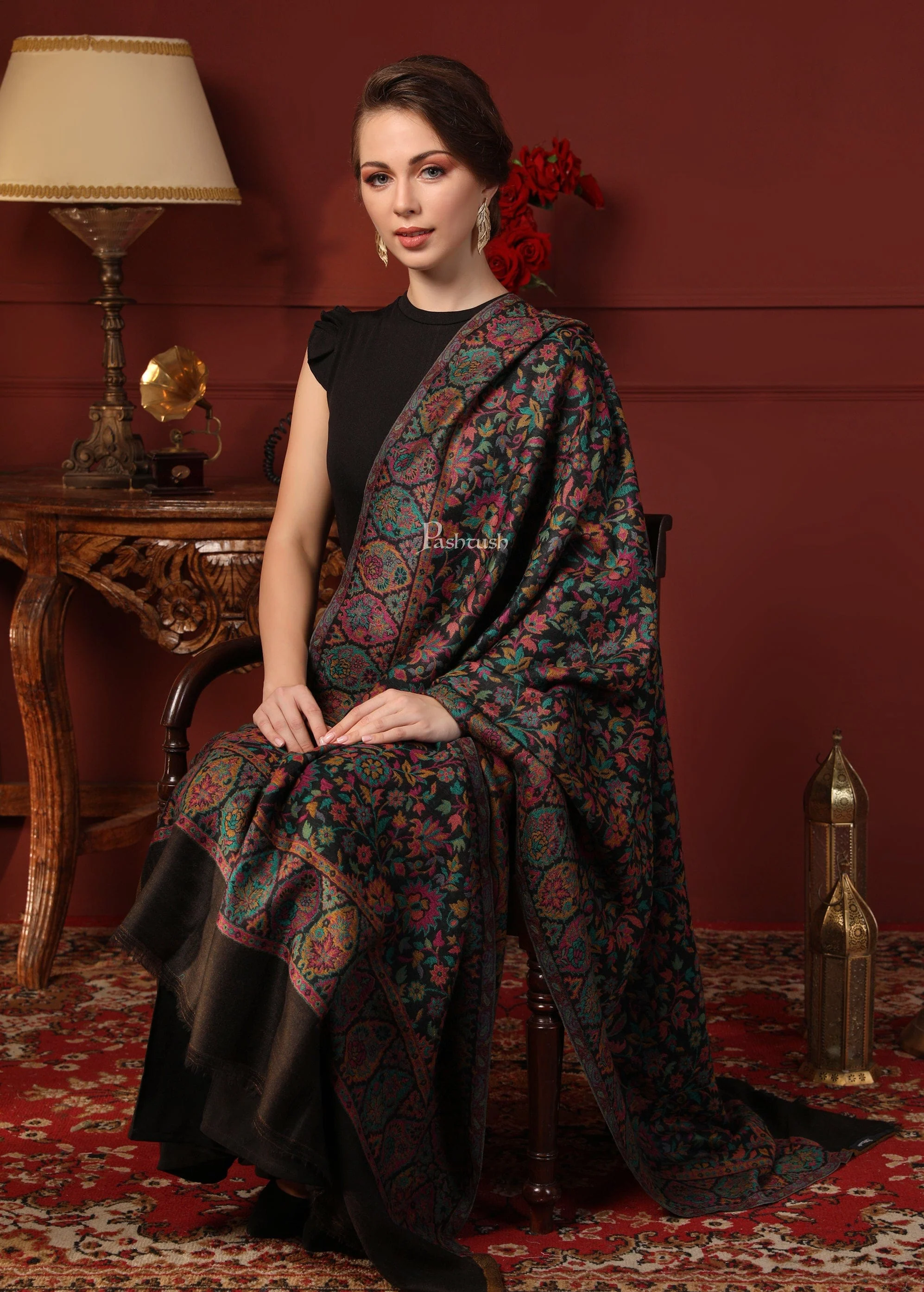 Pashtush His And Her Set Of 100% Pure Wool Shawls, Premium Gift Box Packaging, Taupe and Black - Image 7
