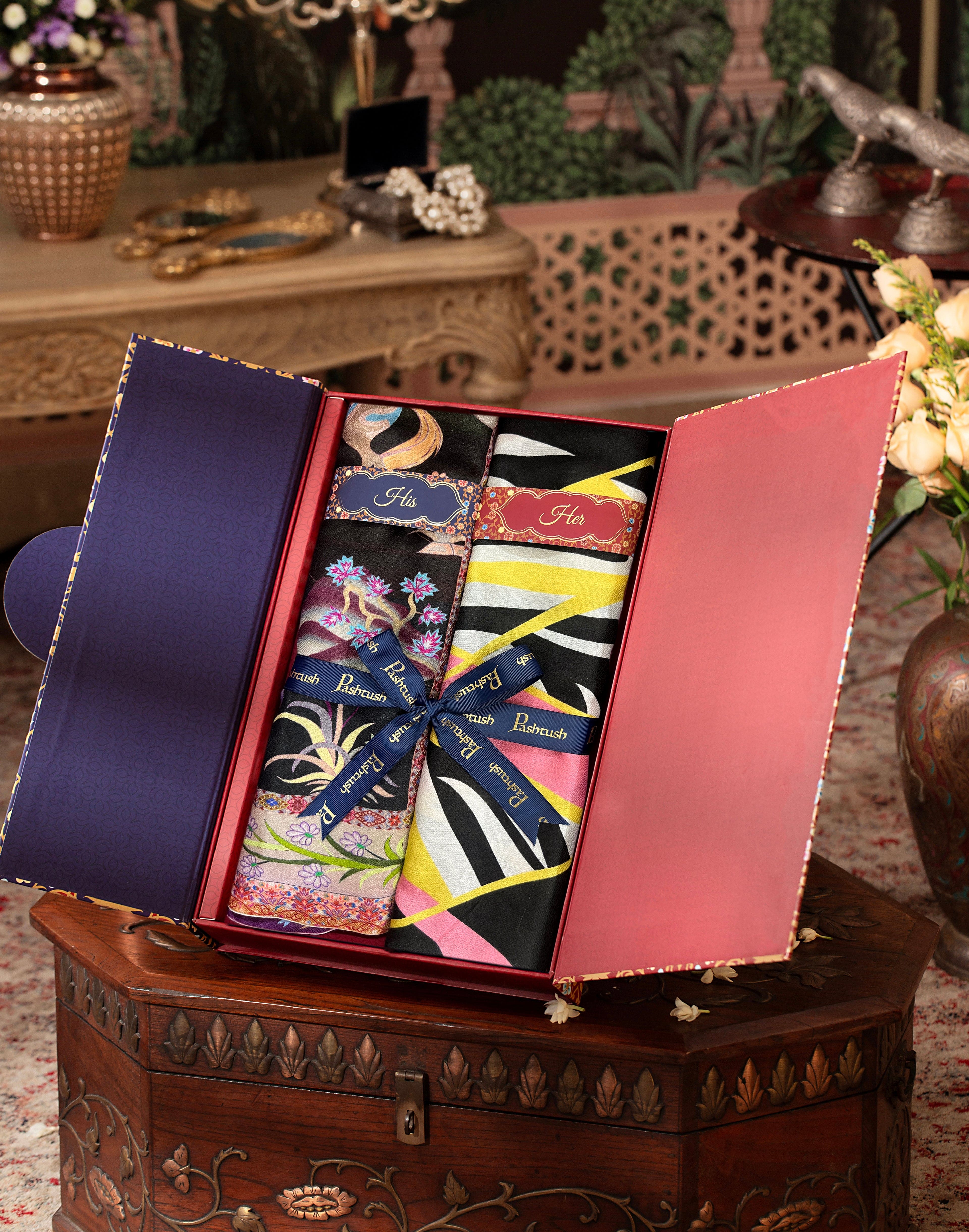 Pashtush His And Her Set Of Bamboo Stoles, Premium Gift Box Packaging, Black and Multicolour - Image 3