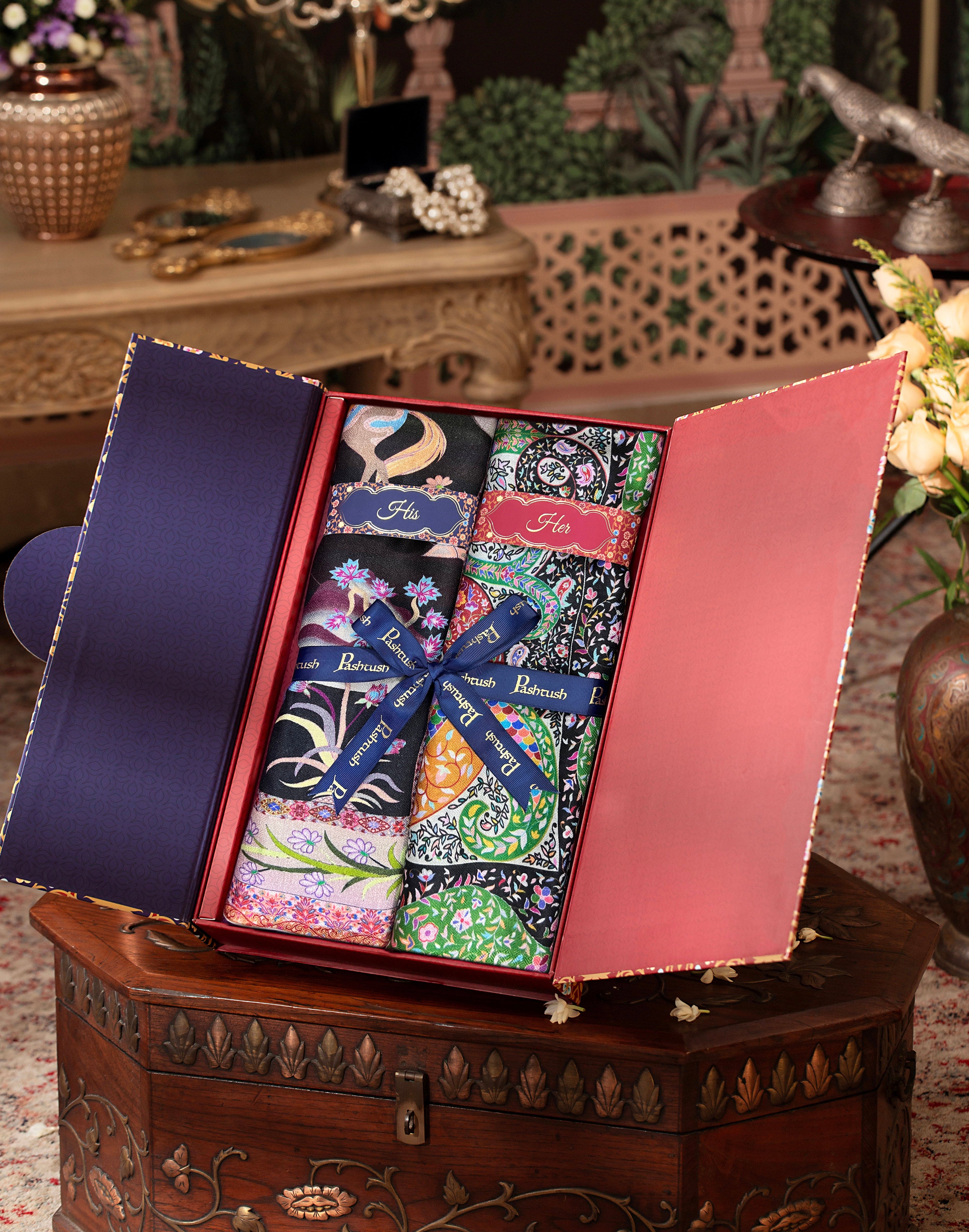 Pashtush His And Her Set Of Bamboo Stoles, Premium Gift Box Packaging, Black and Multicolour - Image 3