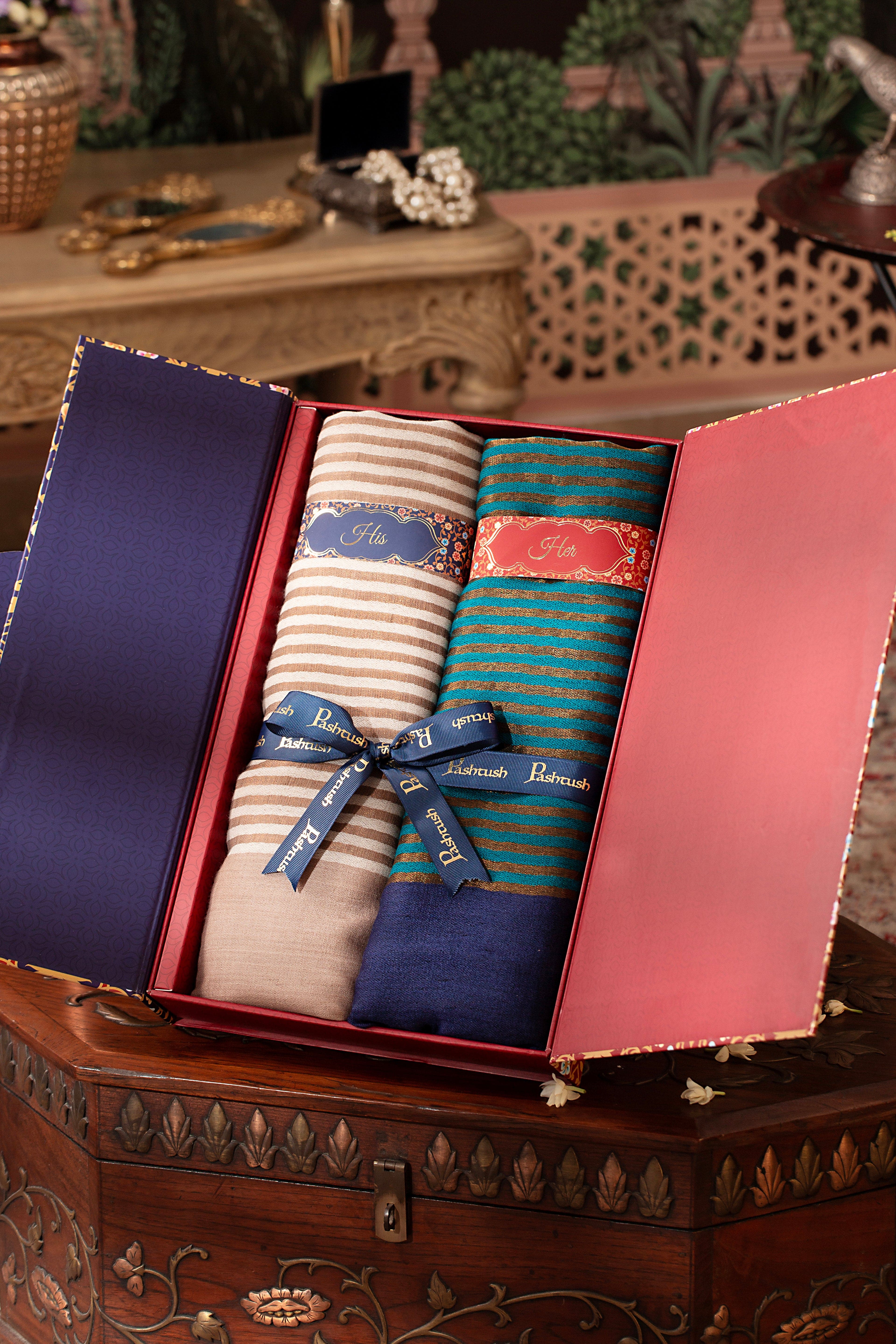 Pashtush His And Her Set Of Banded Twilight Stoles, Premium Gift Box Packaging, Ivory And Blue - Image 3