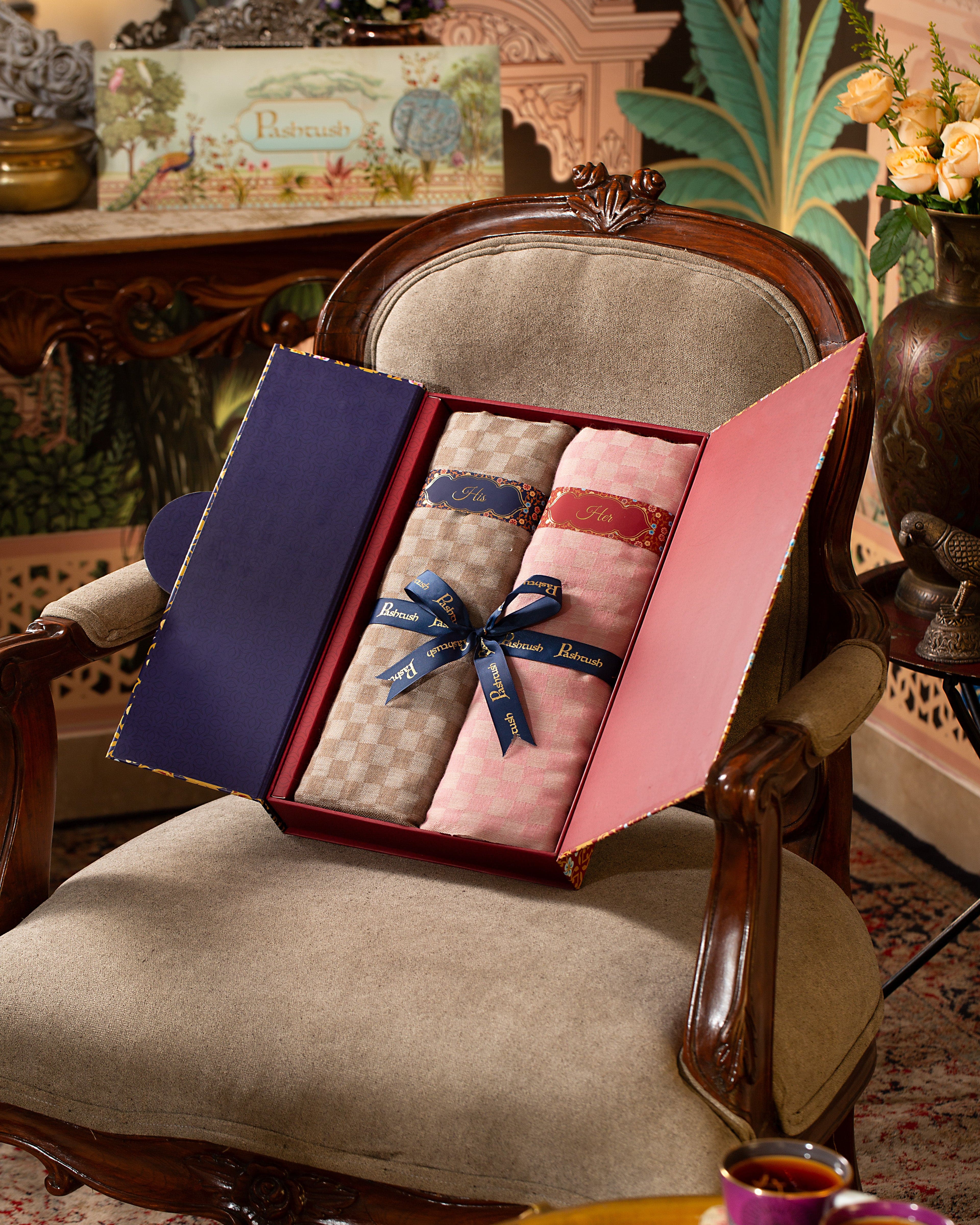 Pashtush His And Her Set Of Checkered Stoles, Premium Gift Box Packaging, Beige and Powder Pink - Image 3