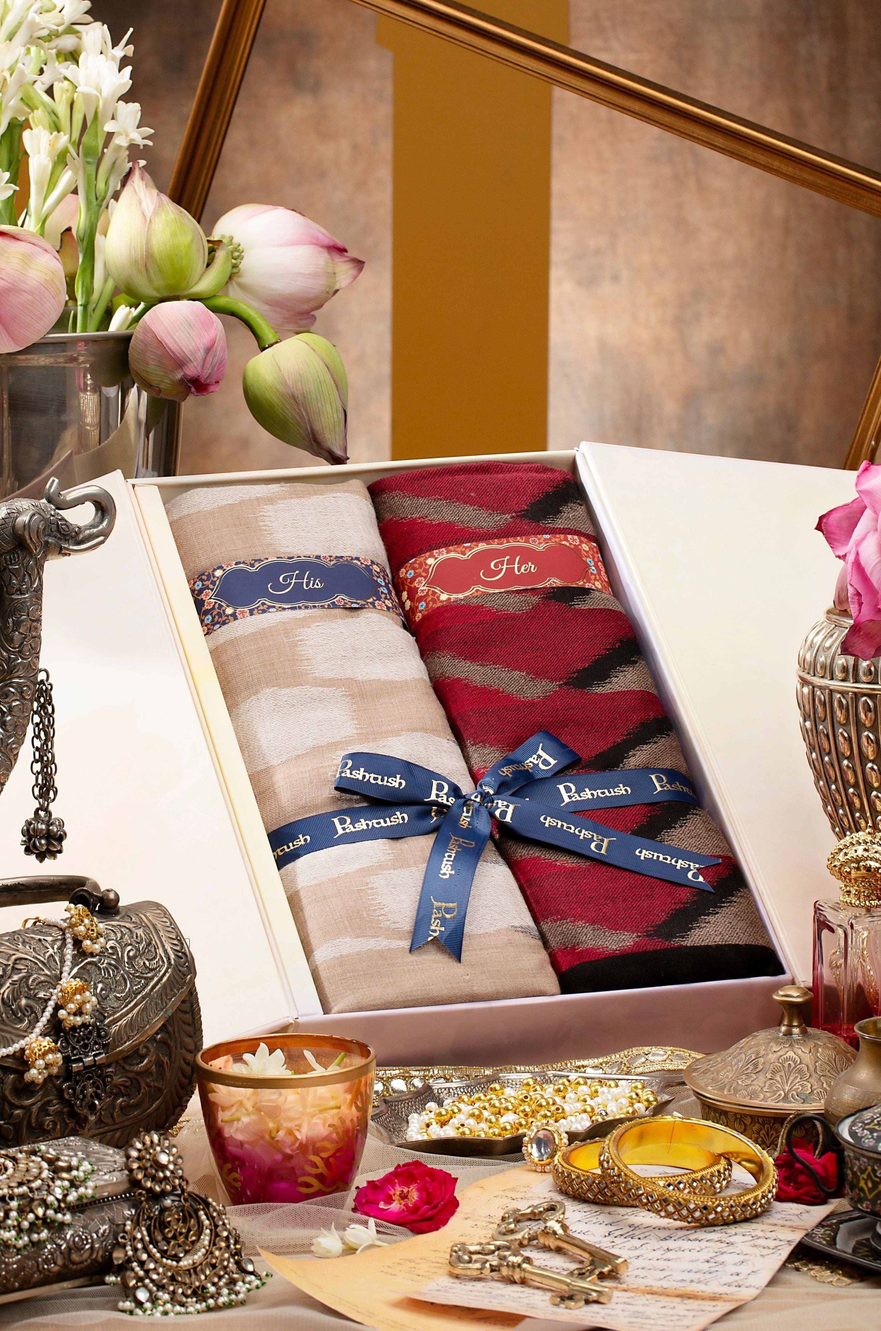 Pashtush His and Her Set of Fine Silk Wool Stoles with Premium Gift Box Packaging, Beige and Crimson
