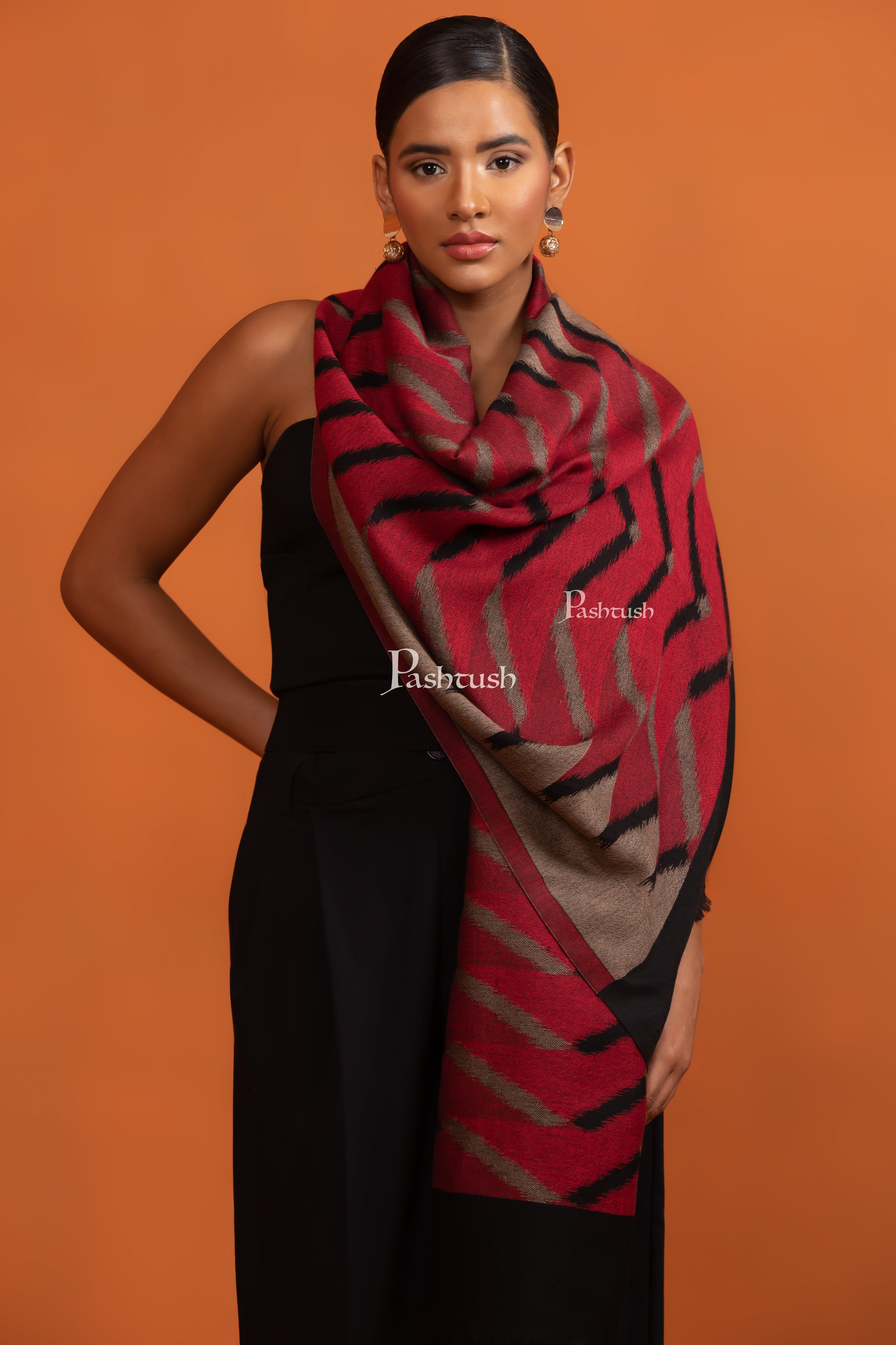 Pashtush His and Her Set of Fine Silk Wool Stoles with Premium Gift Box Packaging, Beige and Crimson - Image 11