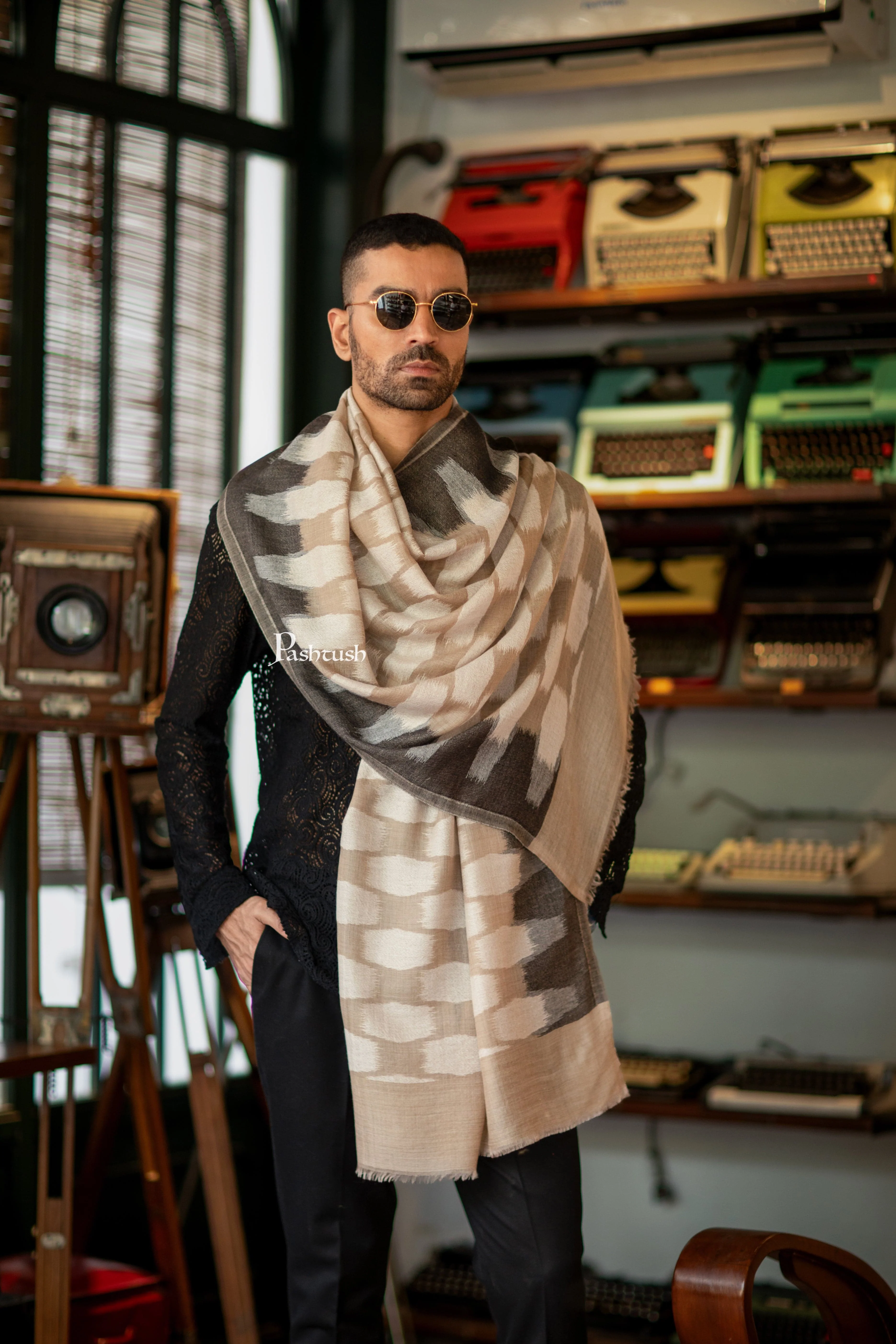 Pashtush His and Her Set of Fine Silk Wool Stoles with Premium Gift Box Packaging, Beige and Crimson - Image 7