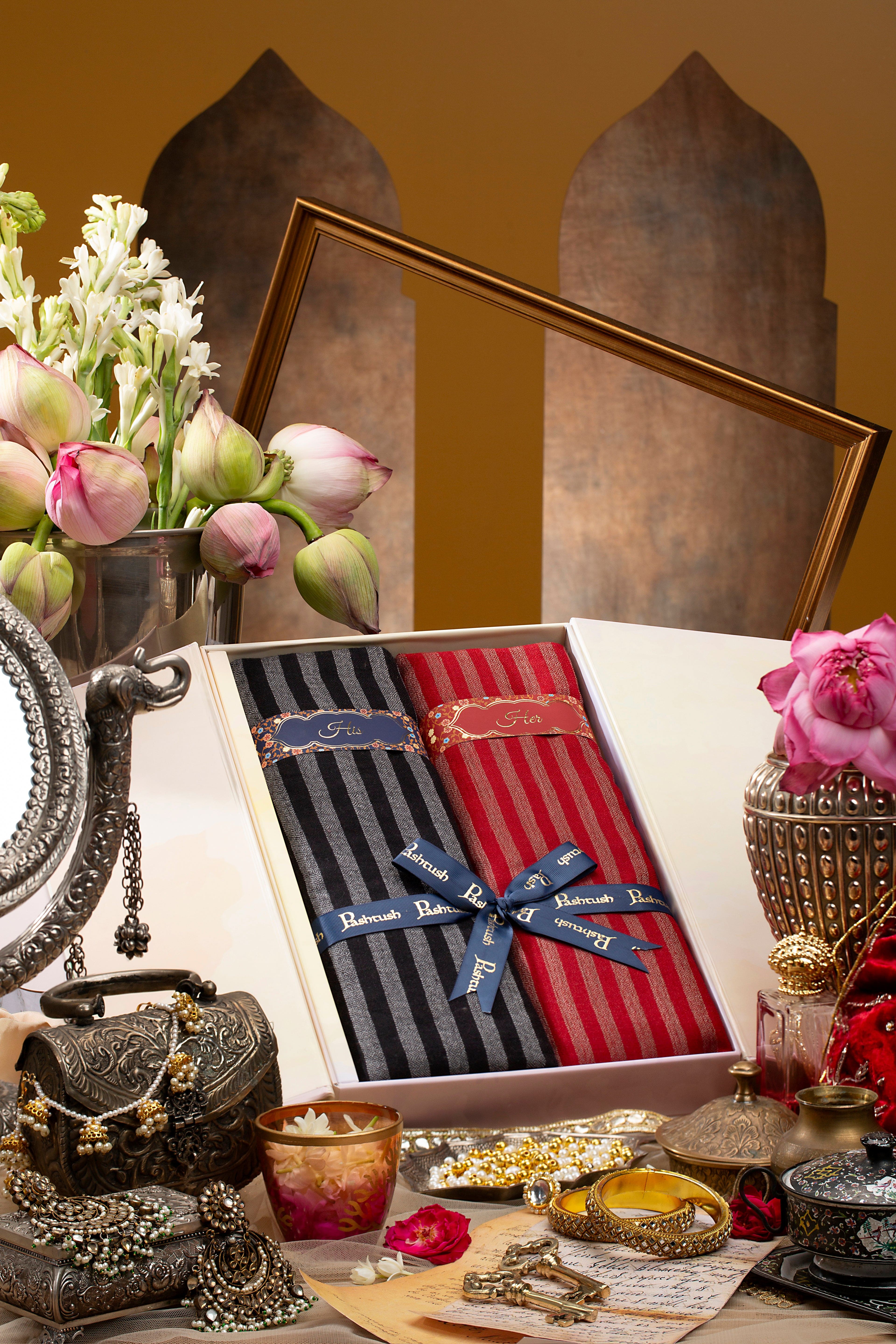 Pashtush His and Her Set of Fine Silk Wool Stoles with Premium Gift Box Packaging, Black and Crimson
