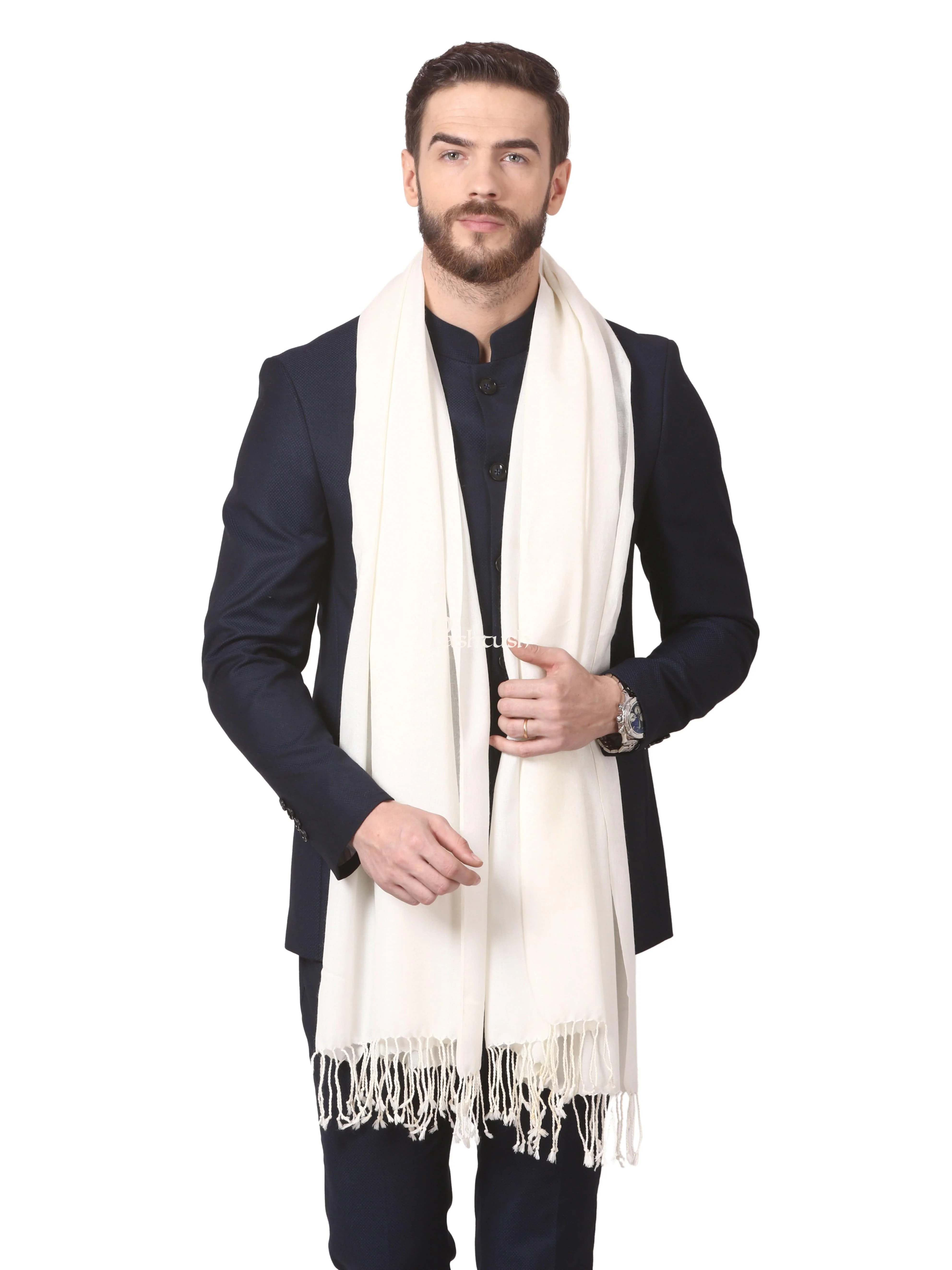 Pashtush His And Her Set Of Fine Wool and Printed Bamboo Stoles With Premium Gift Box Packaging, Ivory and Red - Image 3