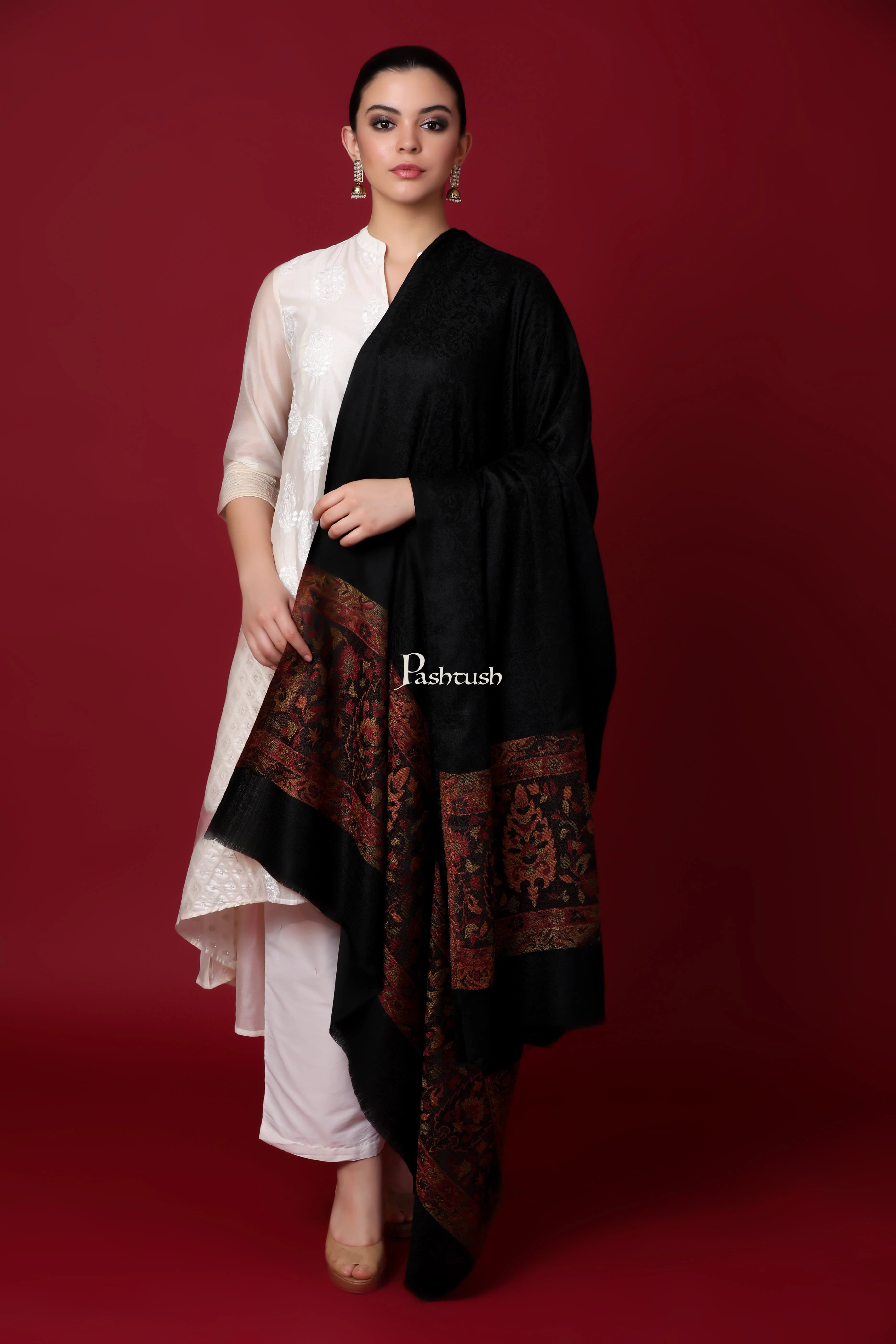 Pashtush His And Her Set Of Fine Wool Check Shawl and Ethnic Weave Palla Shawl With Premium Gift Box Packaging, Black - Image 9