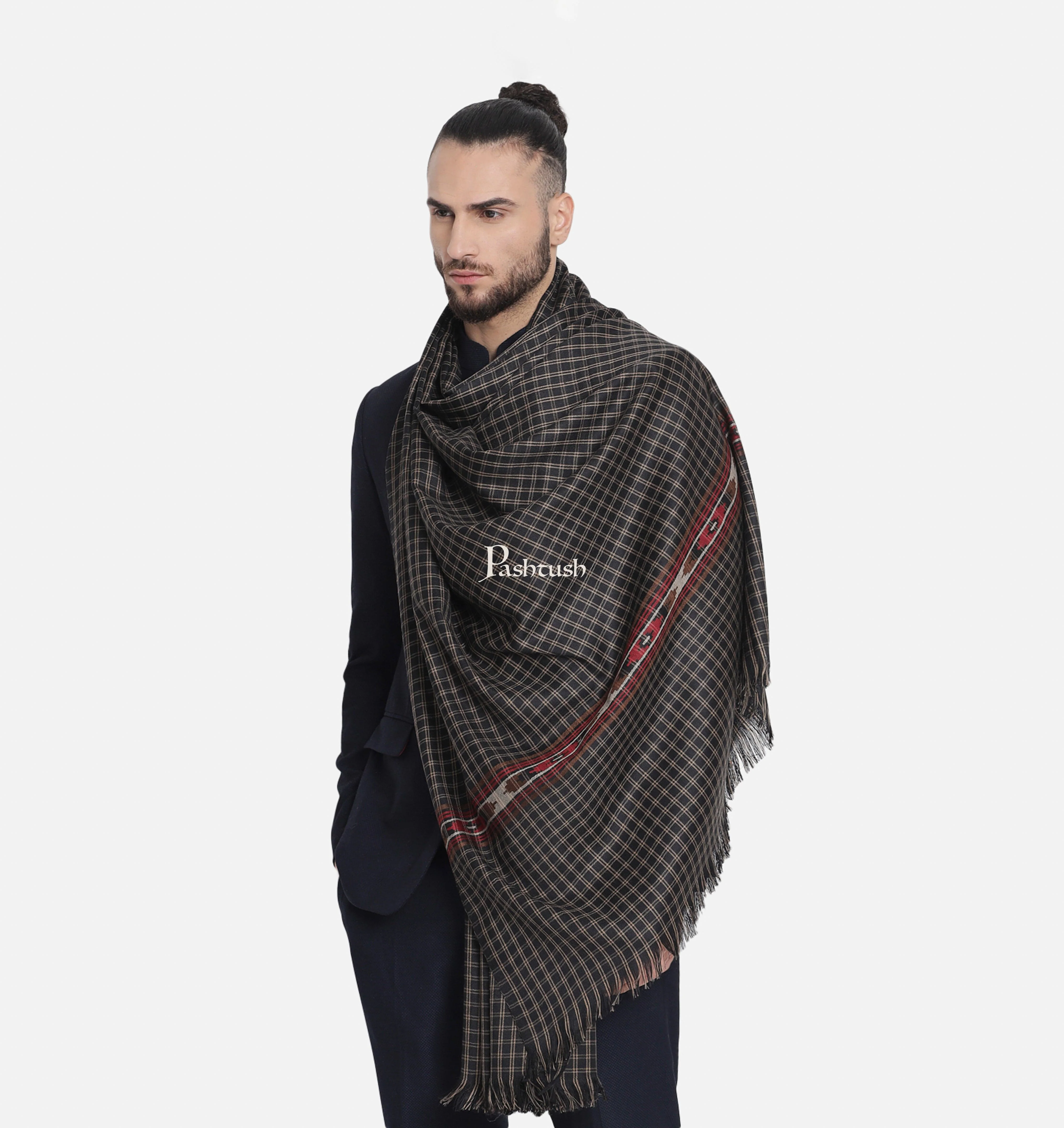 Pashtush His And Her Set Of Fine Wool Checkered Stole and Shawl With Premium Gift Box Packaging, Black and Red - Image 3