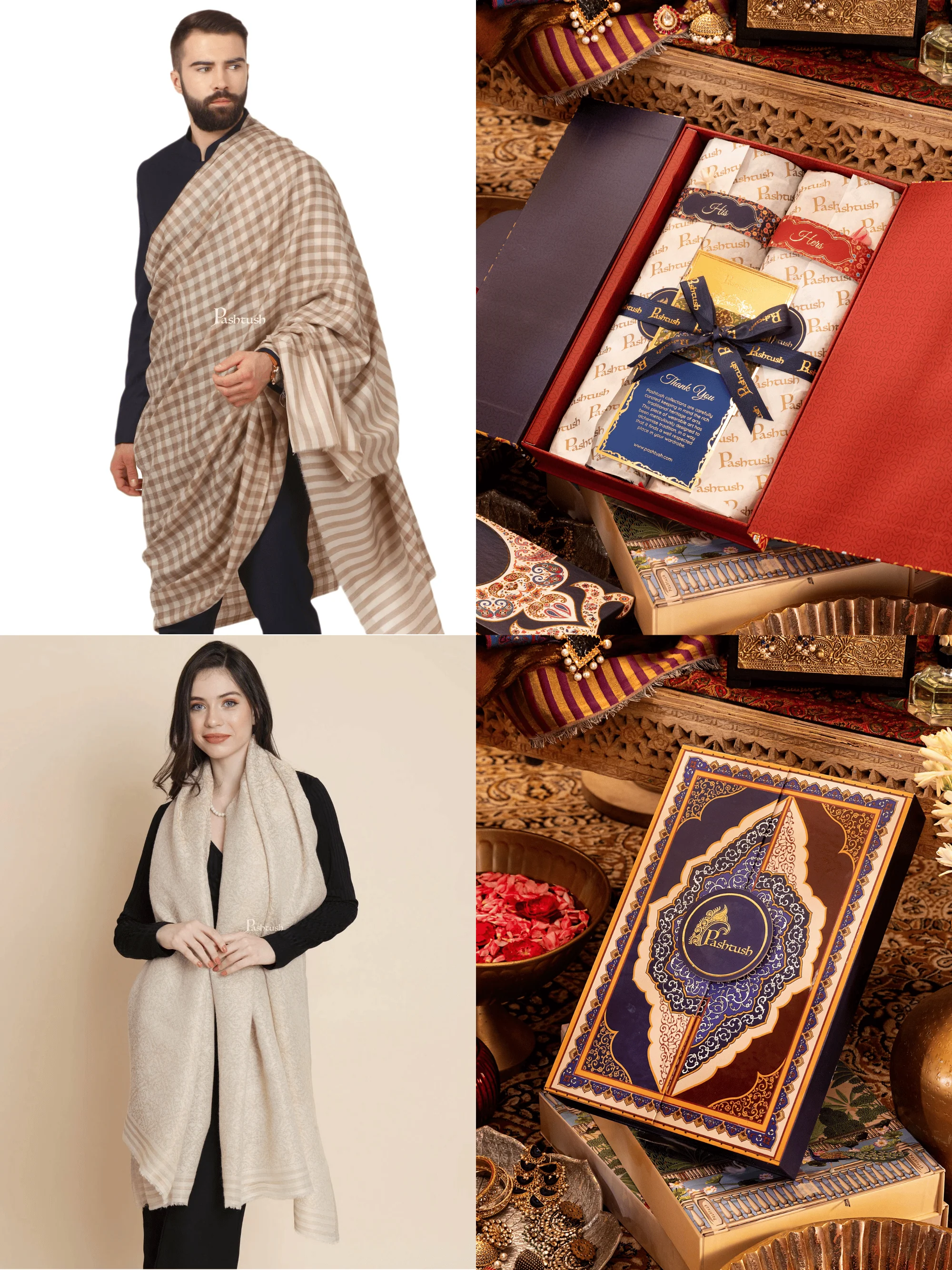 Pashtush His And Her Set Of Fine Wool Shawls, Premium Gift Box Packaging, Beige and Ivory