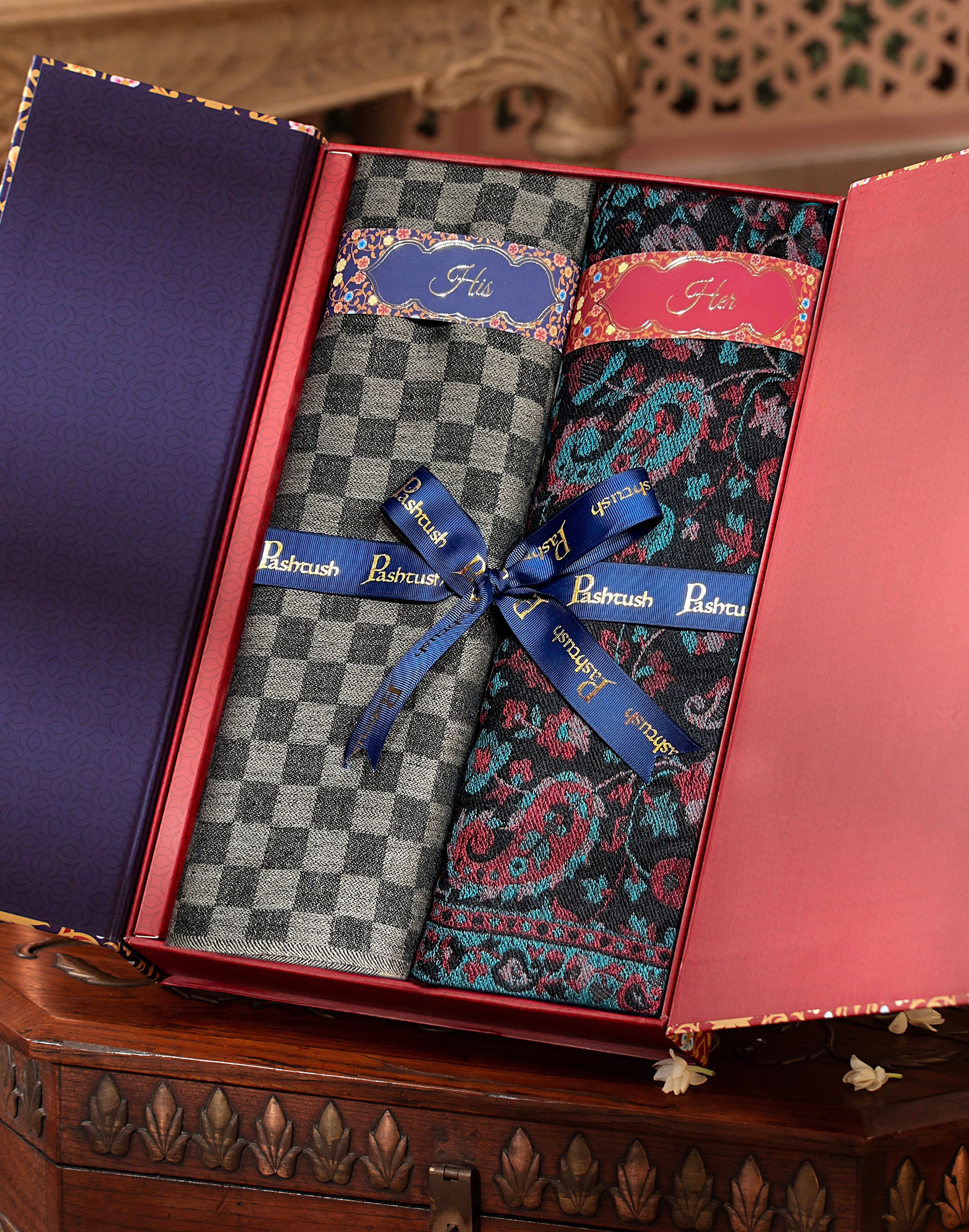 Pashtush His And Her Set Of Fine Wool Stole and Embroidery Shawl, Premium Gift Box Packaging, Black