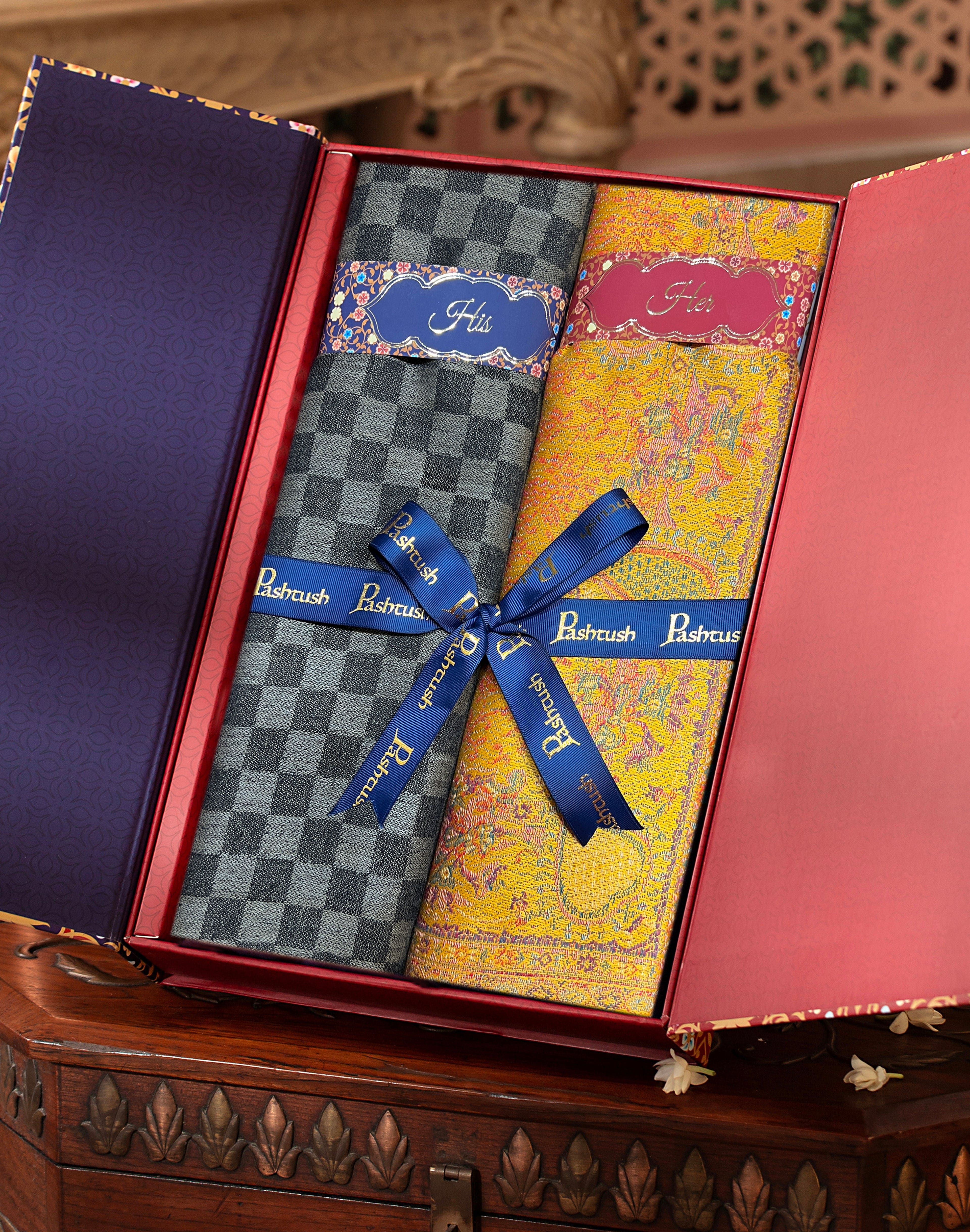 Pashtush His And Her Set Of Fine Wool Stole and Womens Faux , Premium Gift Box Packaging, Black & Mustard