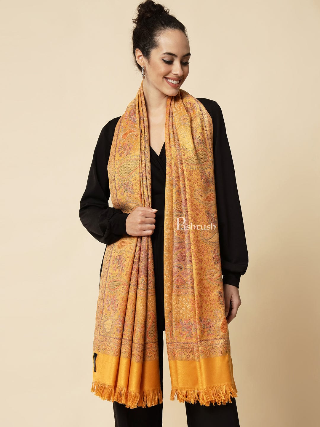 Pashtush His And Her Set Of Fine Wool Stole and Womens Faux , Premium Gift Box Packaging, Black & Mustard - Image 10