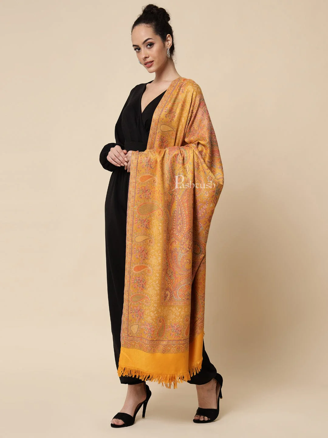 Pashtush His And Her Set Of Fine Wool Stole and Womens Faux , Premium Gift Box Packaging, Black & Mustard - Image 11