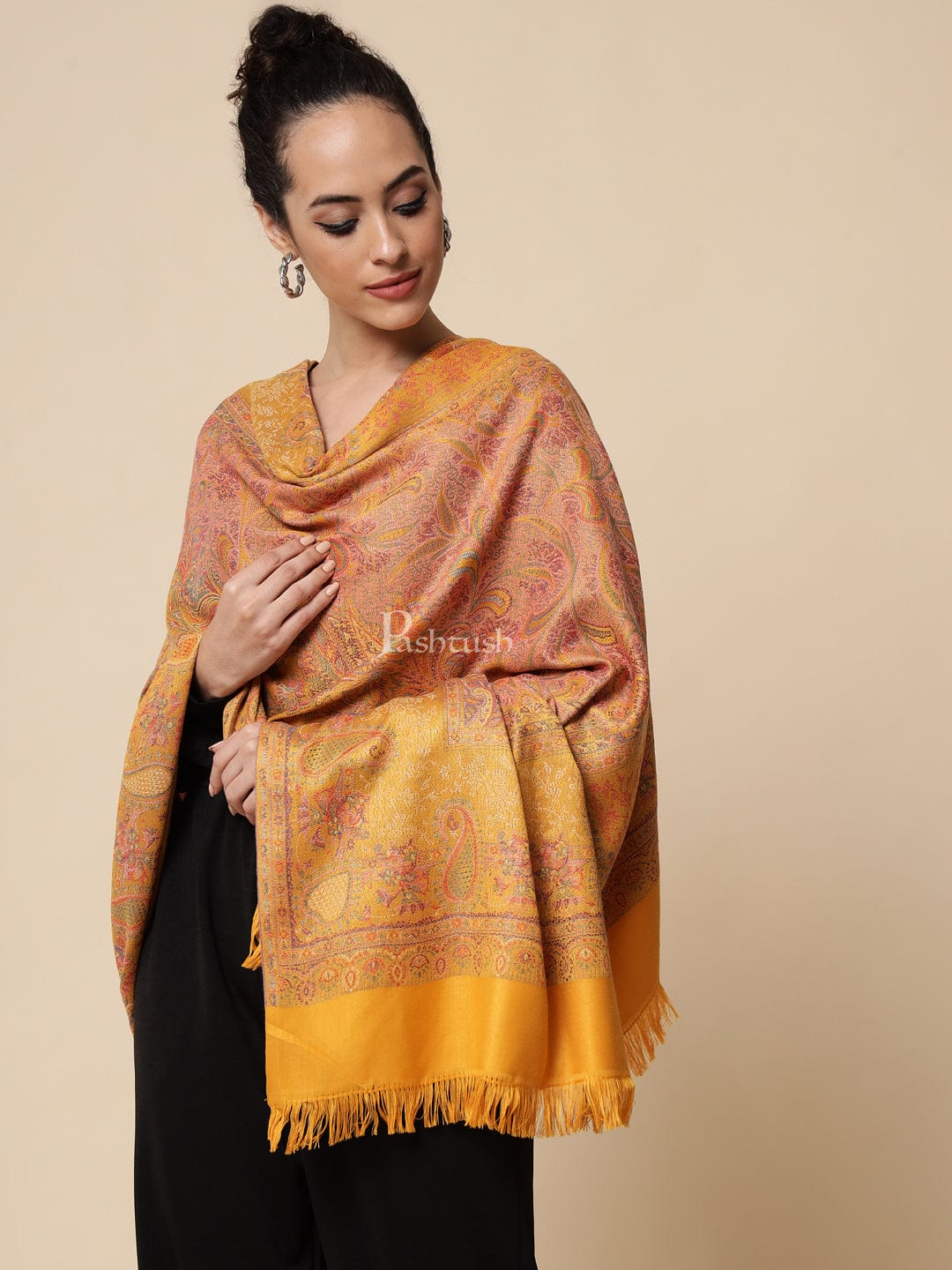 Pashtush His And Her Set Of Fine Wool Stole and Womens Faux , Premium Gift Box Packaging, Black & Mustard - Image 13