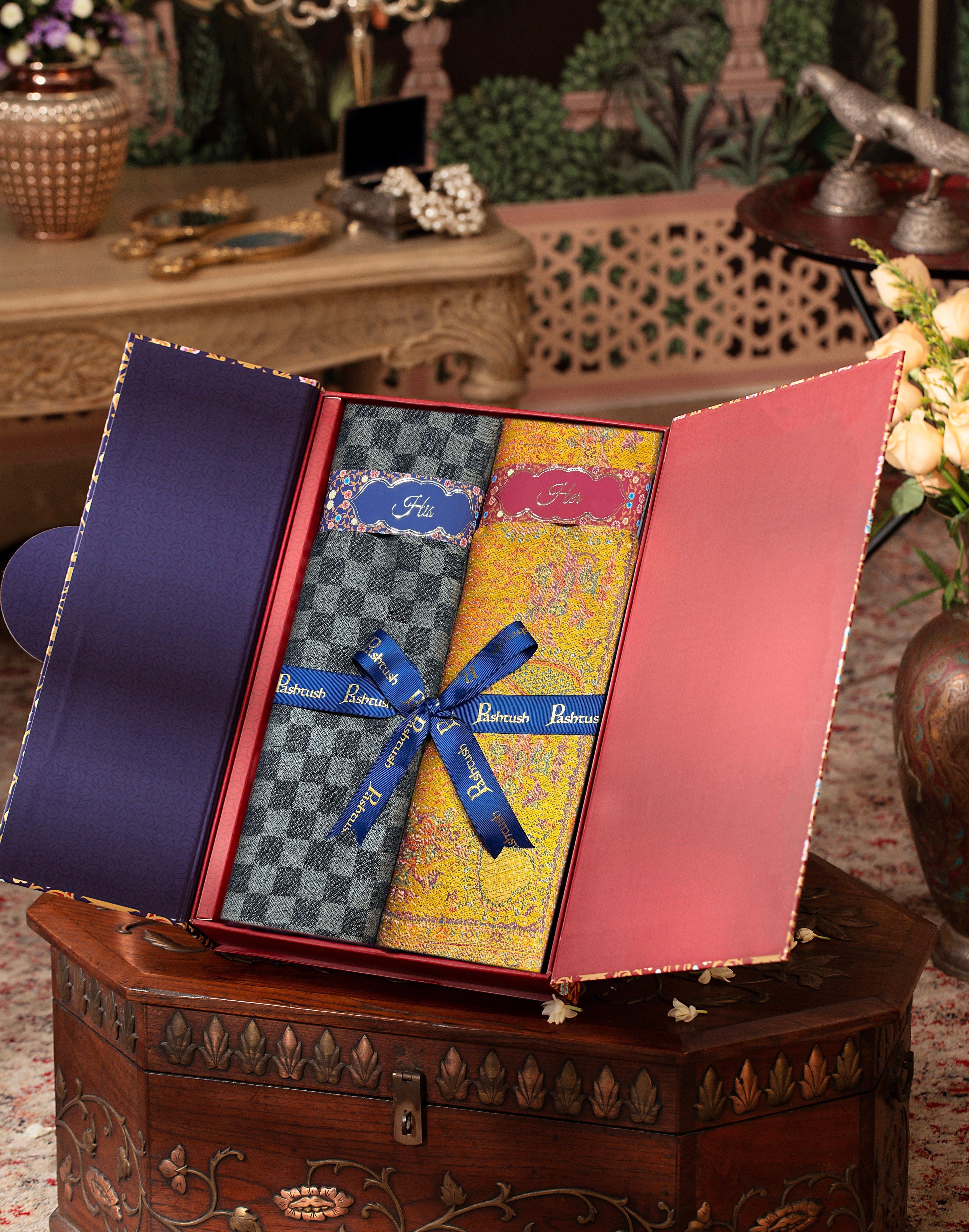 Pashtush His And Her Set Of Fine Wool Stole and Womens Faux , Premium Gift Box Packaging, Black & Mustard - Image 3