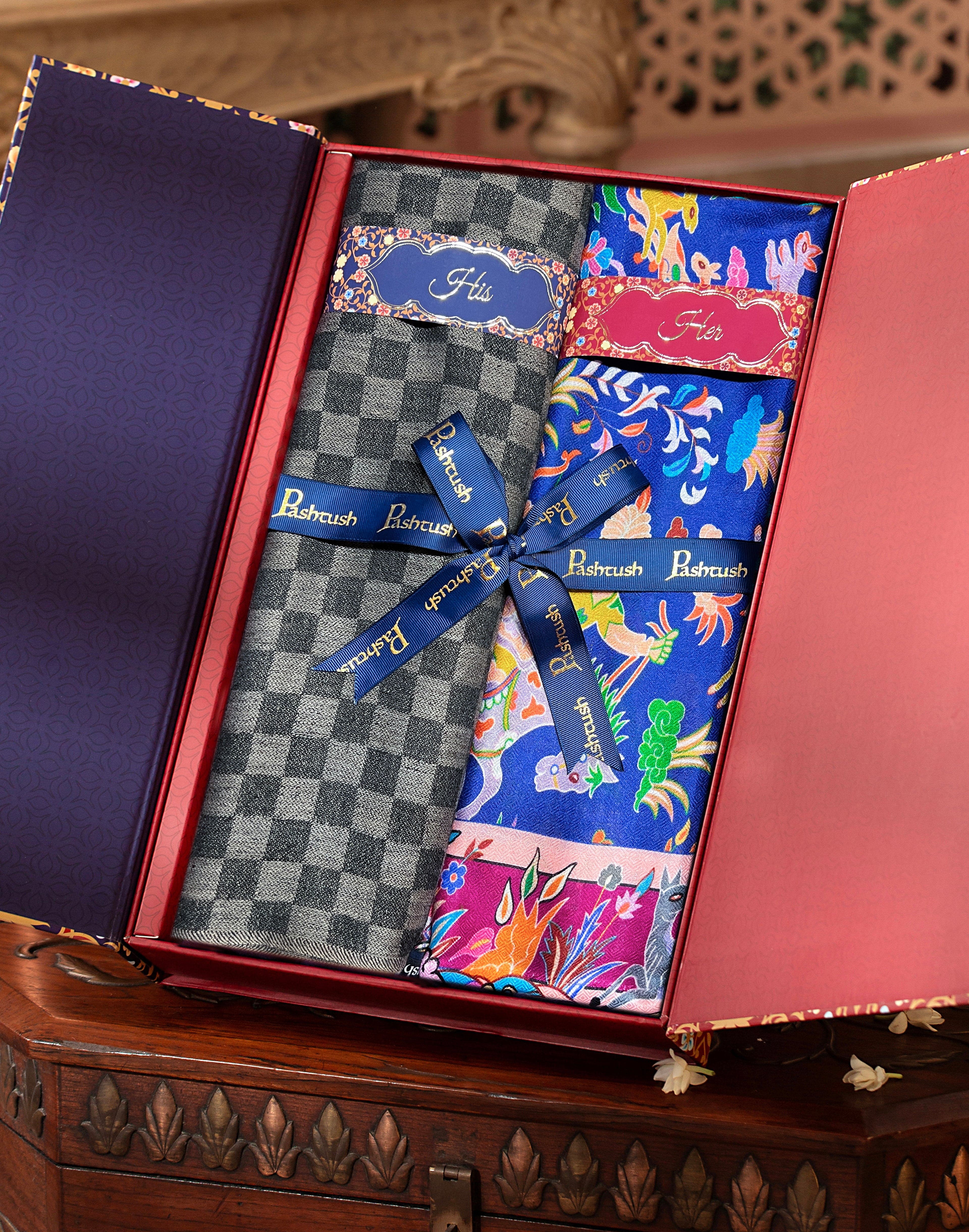 Pashtush His And Her Set Of Fine Wool Stole and Womens Shikardar Stole, Premium Gift Box Packaging, Black & Multicolour