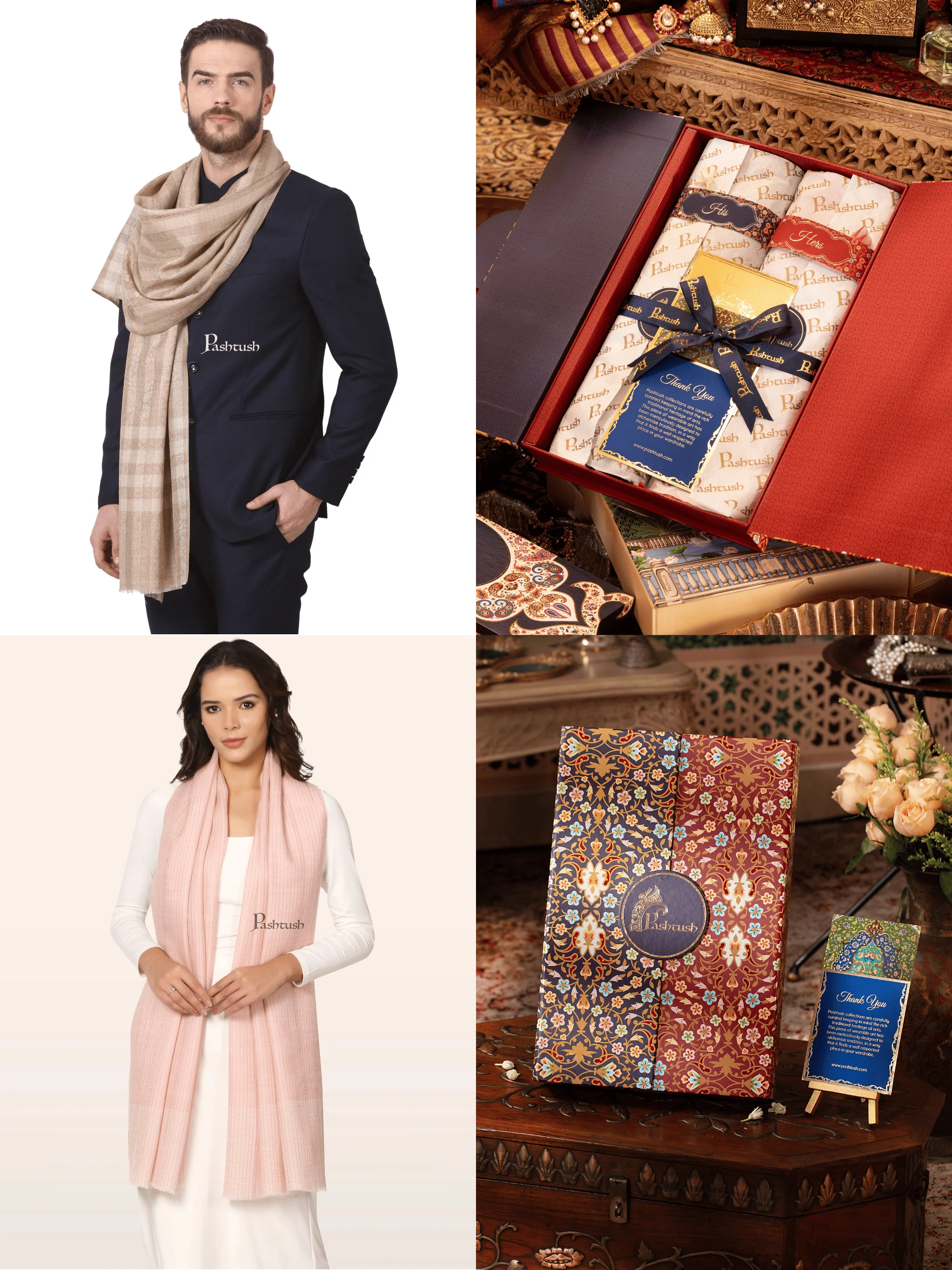 Pashtush His And Her Set Of Fine Wool Stoles , Premium Gift Box Packaging, Beige and Pink