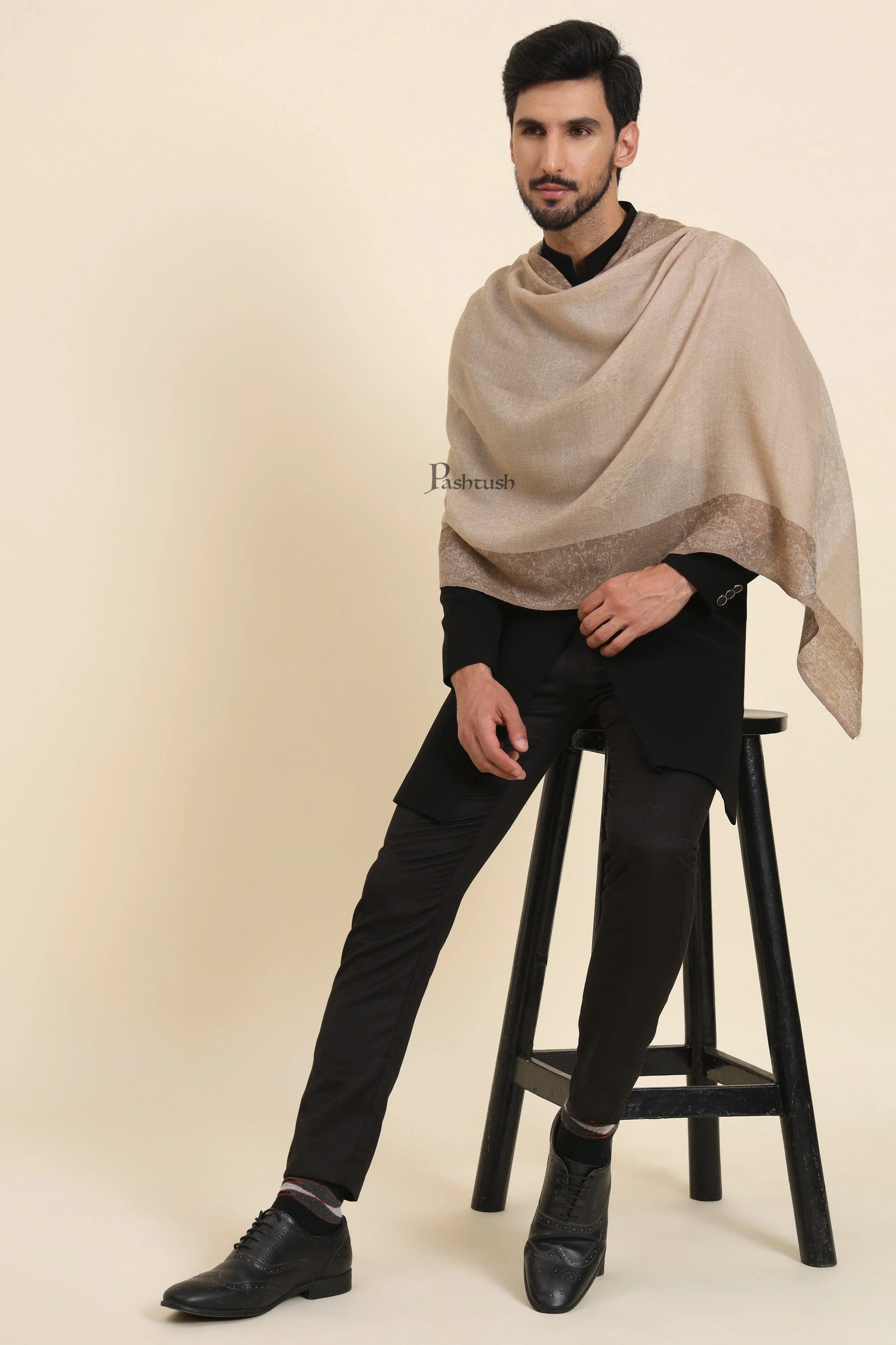 Pashtush His And Her Set Of Fine Wool Stoles , Premium Gift Box Packaging, Beige and Pink - Image 7