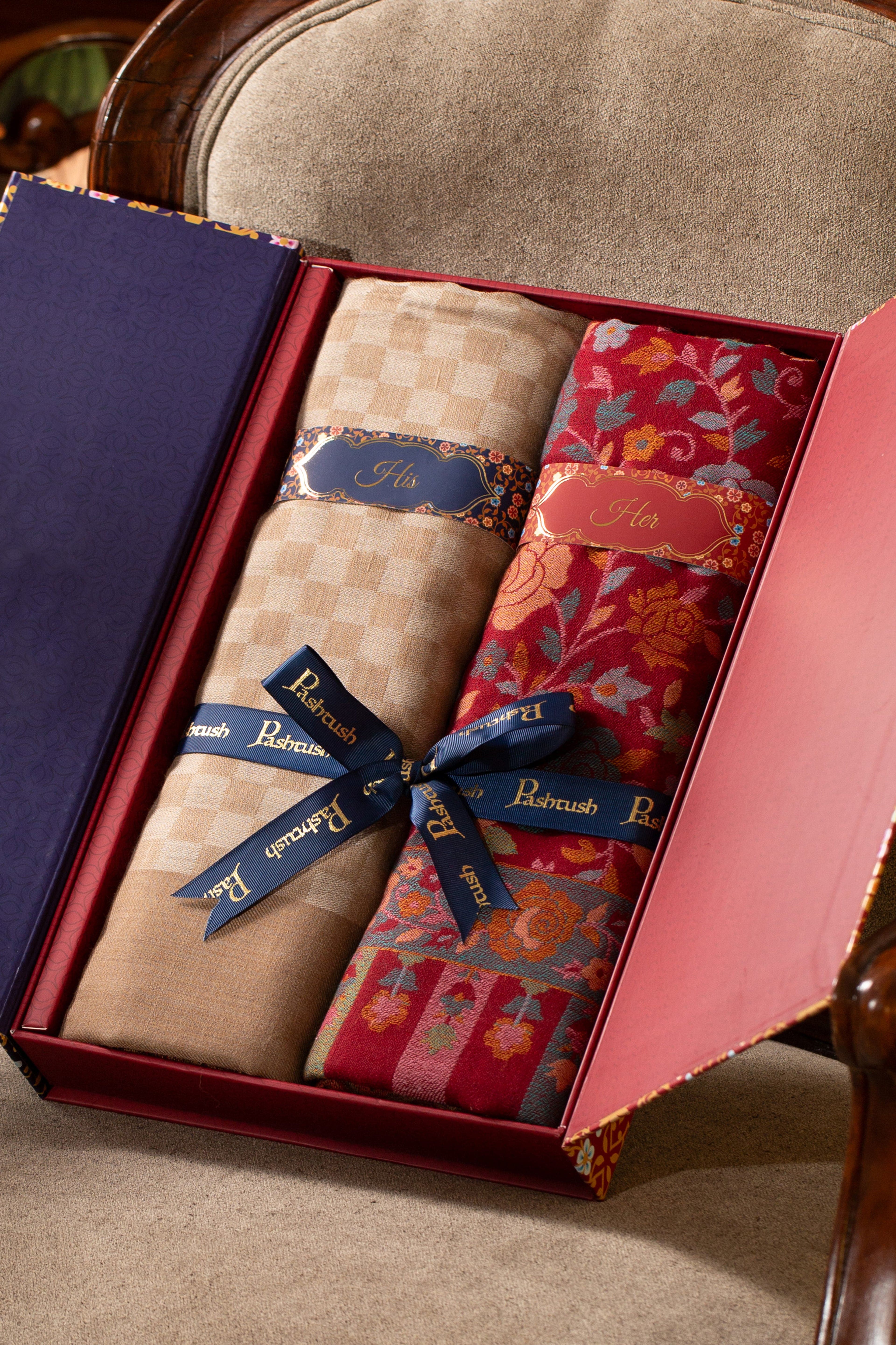 Pashtush His And Her Set Of Fine Wool Stoles, Premium Gift Box Packaging, Beige and Powder Pink