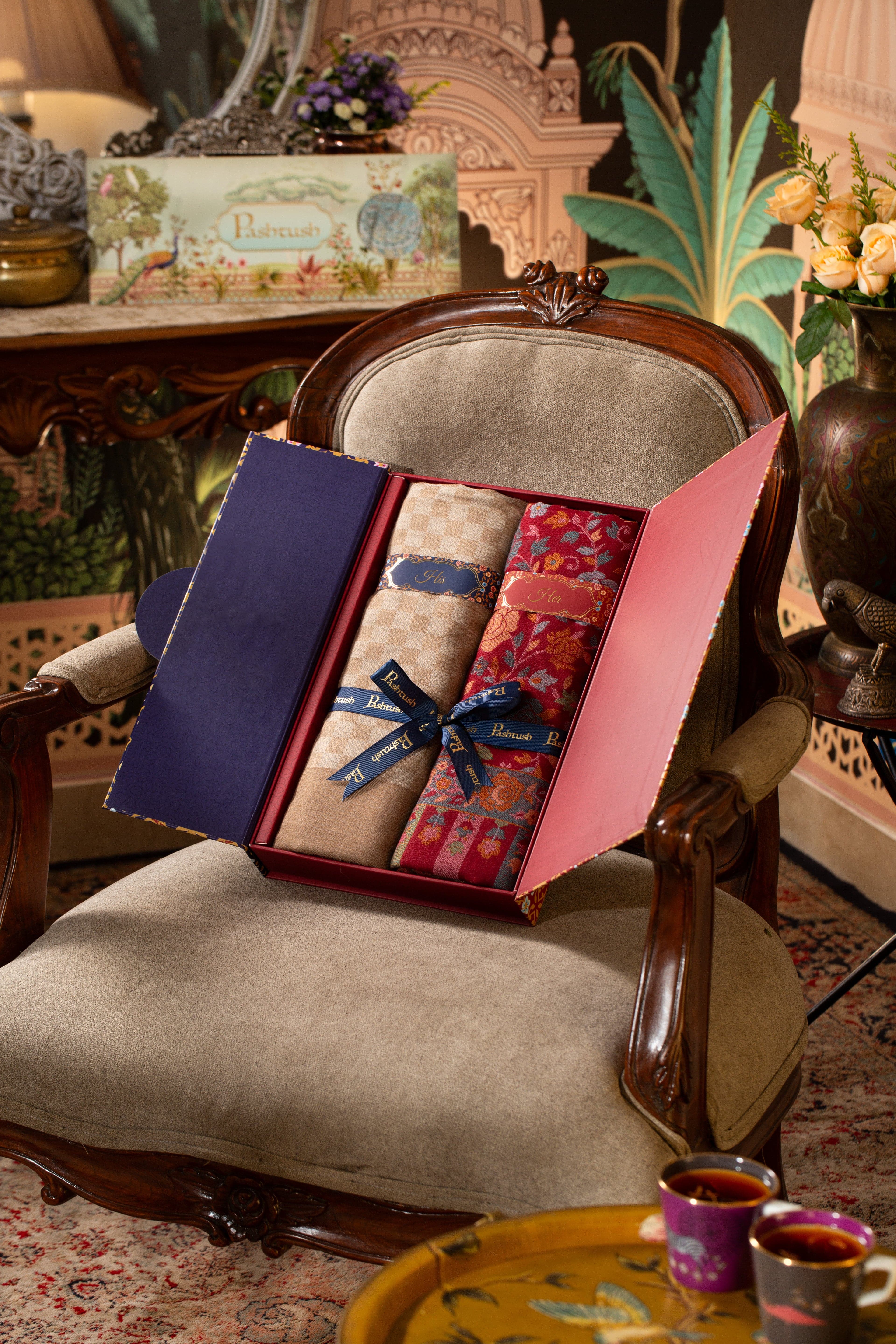 Pashtush His And Her Set Of Fine Wool Stoles, Premium Gift Box Packaging, Beige and Powder Pink - Image 3