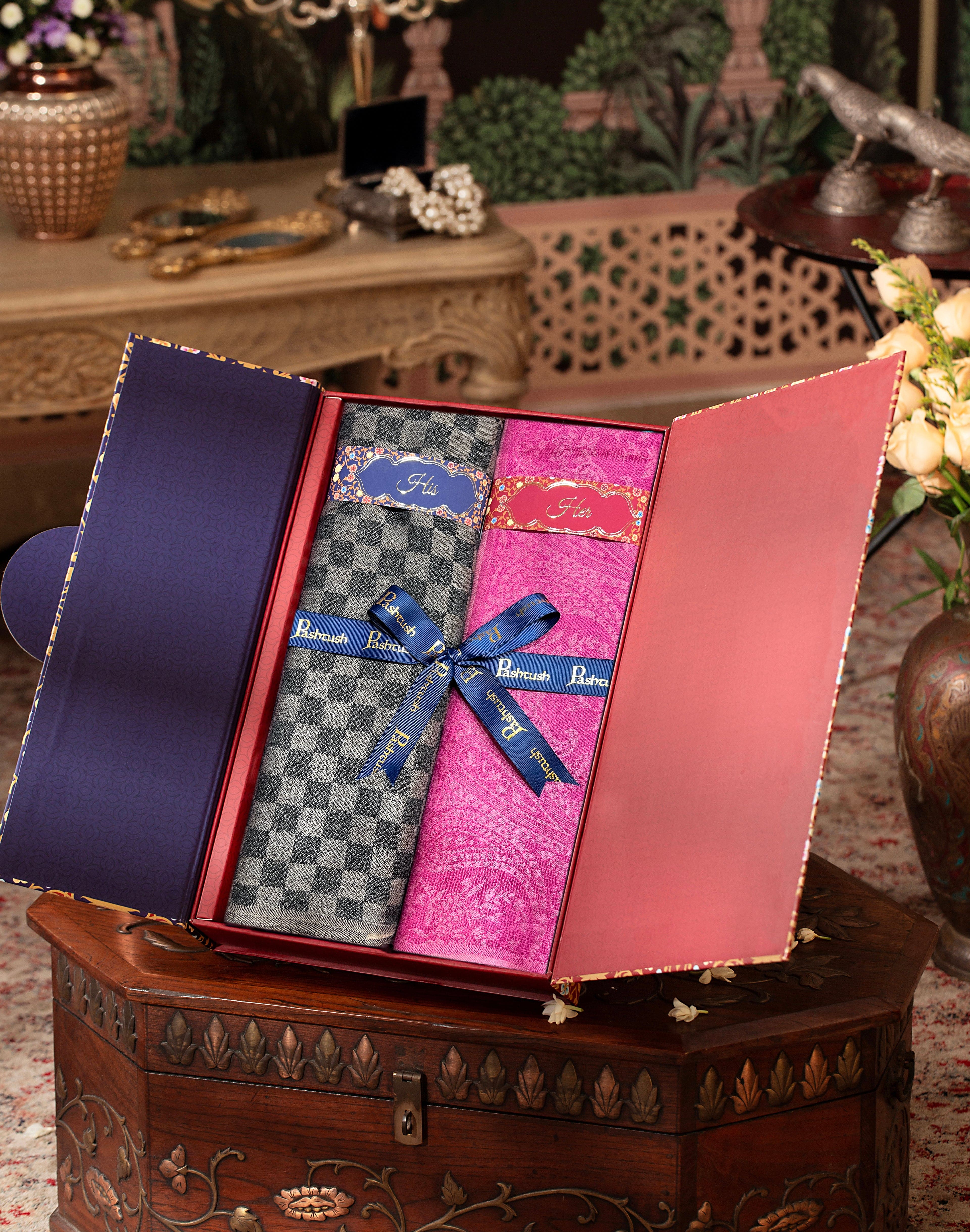 Pashtush His And Her Set Of Fine Wool Stoles, Premium Gift Box Packaging, Black & Pink - Image 3