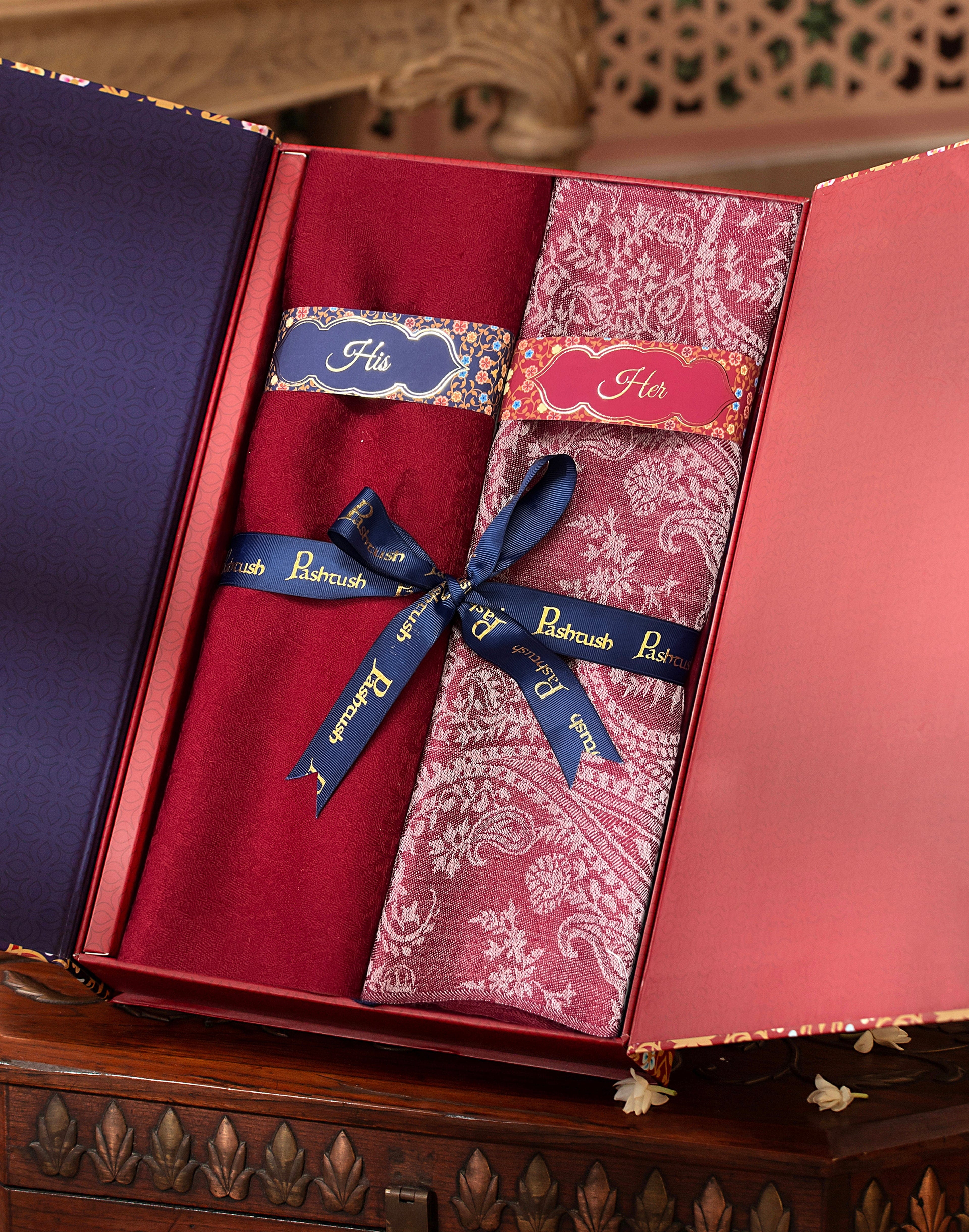 Pashtush His And Her Set Of Fine Wool Stoles, Premium Gift Box Packaging, Maroon and Pink