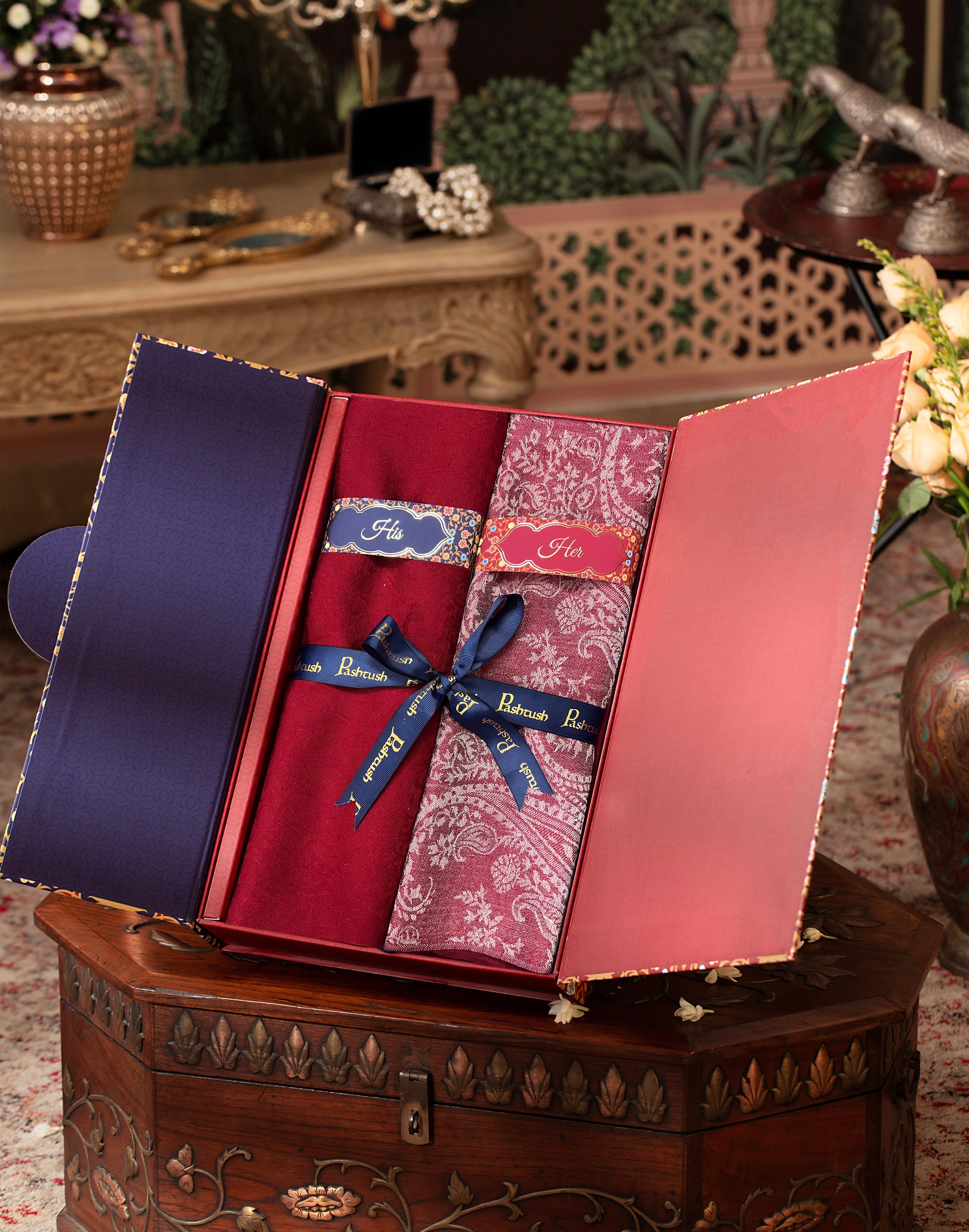 Pashtush His And Her Set Of Fine Wool Stoles, Premium Gift Box Packaging, Maroon and Pink - Image 3
