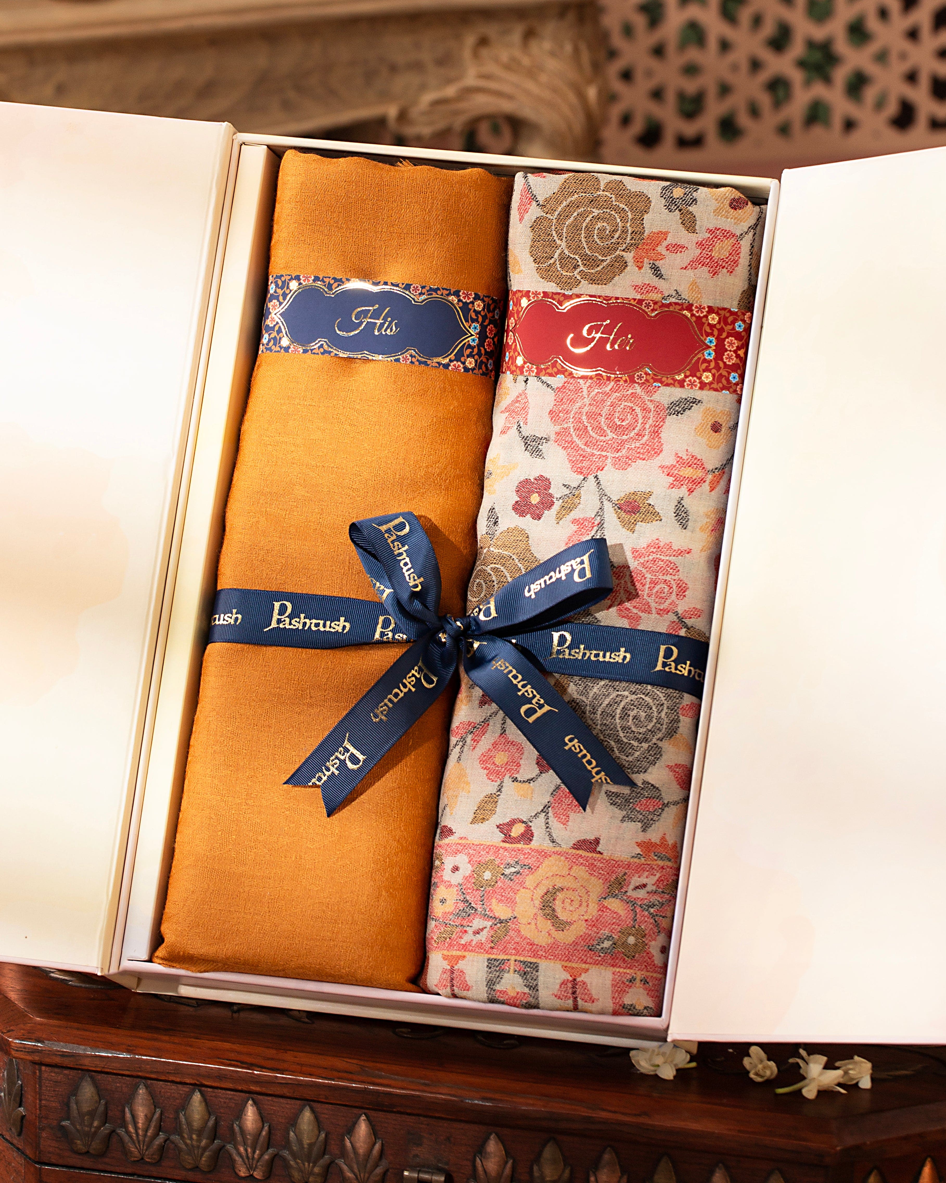 Pashtush His And Her Set Of Fine Wool Stoles, Premium Gift Box Packaging, Mustard and Multicolour