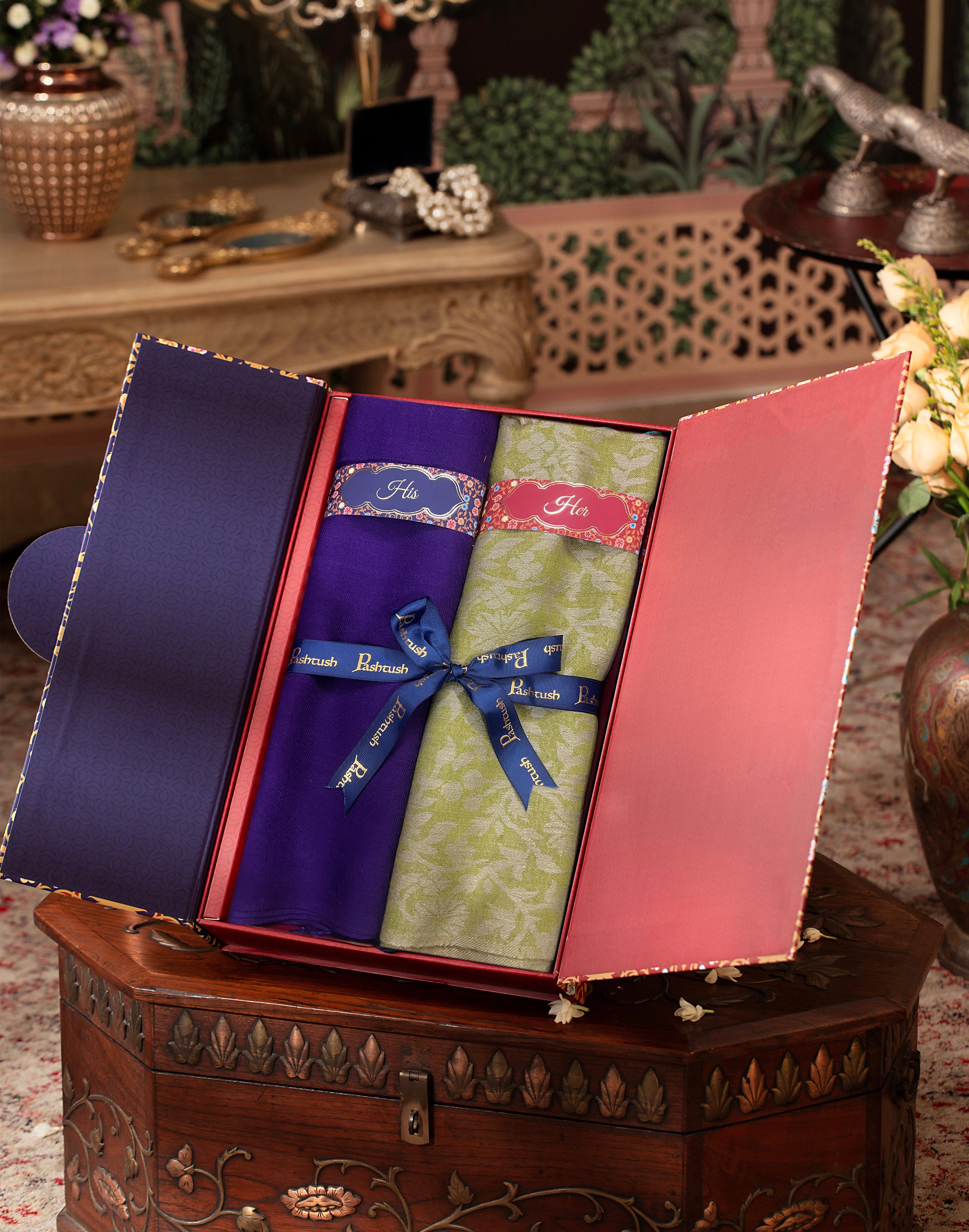 Pashtush His And Her Set Of Fine Wool Stoles, Premium Gift Box Packaging, Purple and Green - Image 3