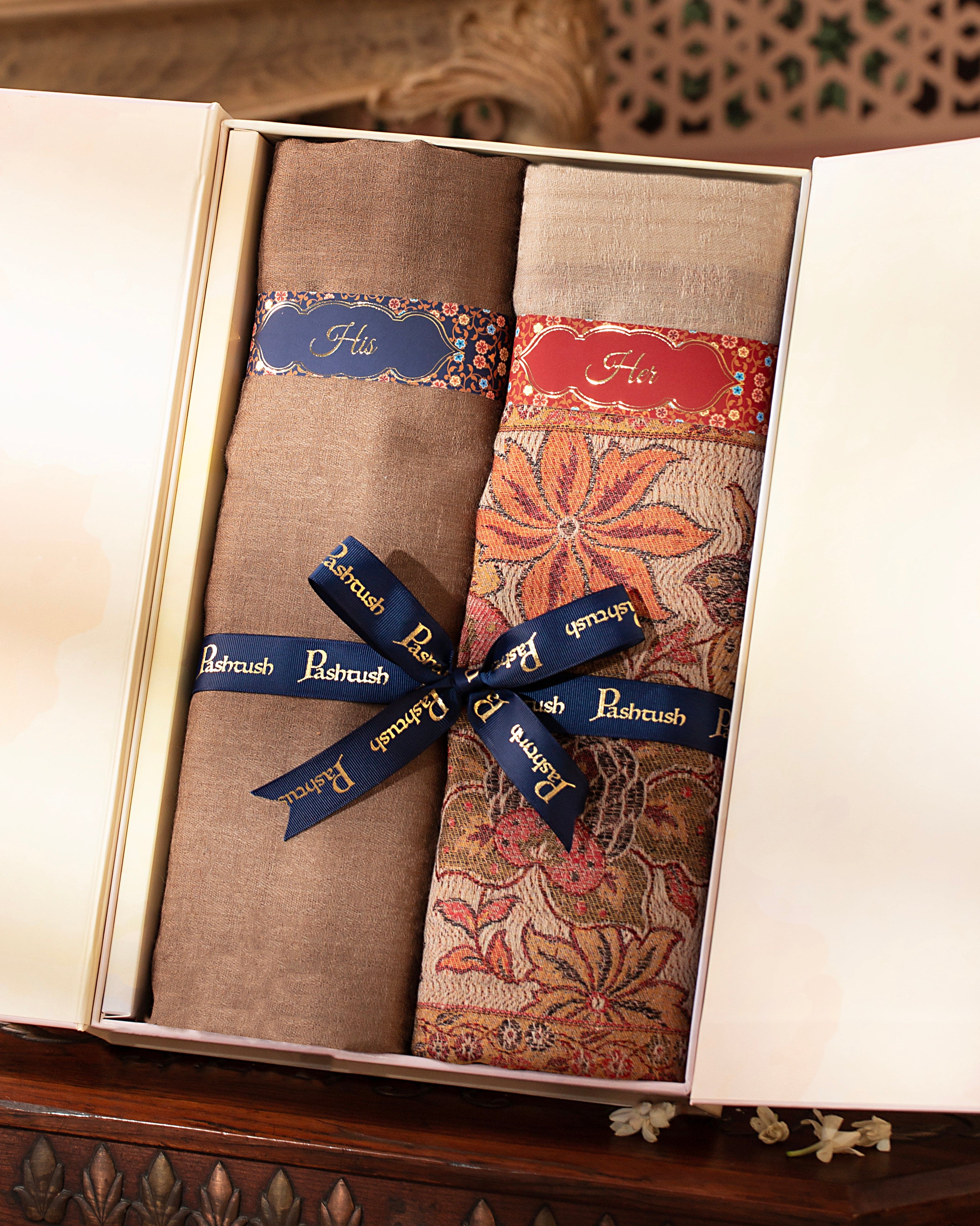Pashtush His And Her Set Of Fine Wool Stoles, Premium Gift Box Packaging, Taupe and Beige