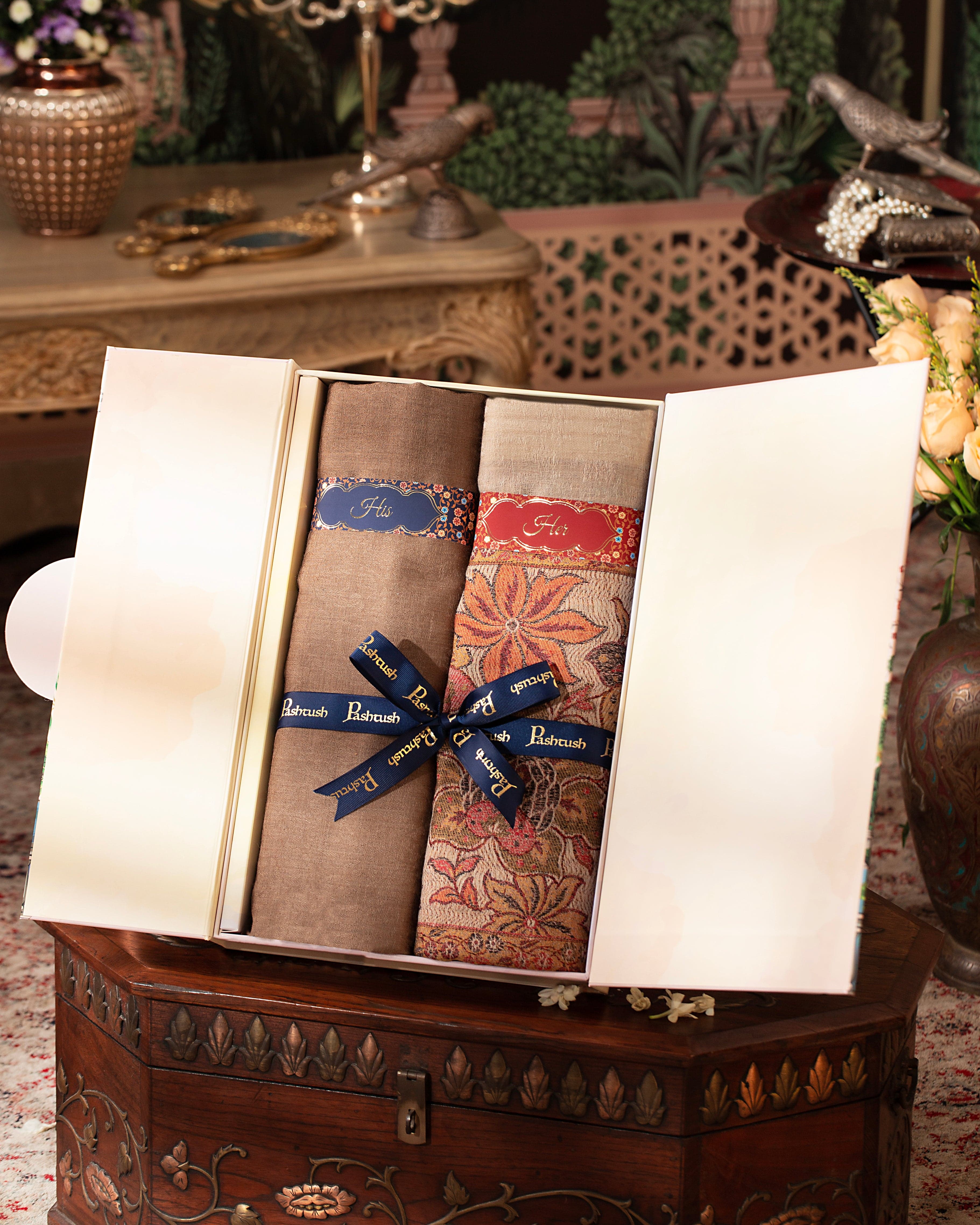 Pashtush His And Her Set Of Fine Wool Stoles, Premium Gift Box Packaging, Taupe and Beige - Image 4