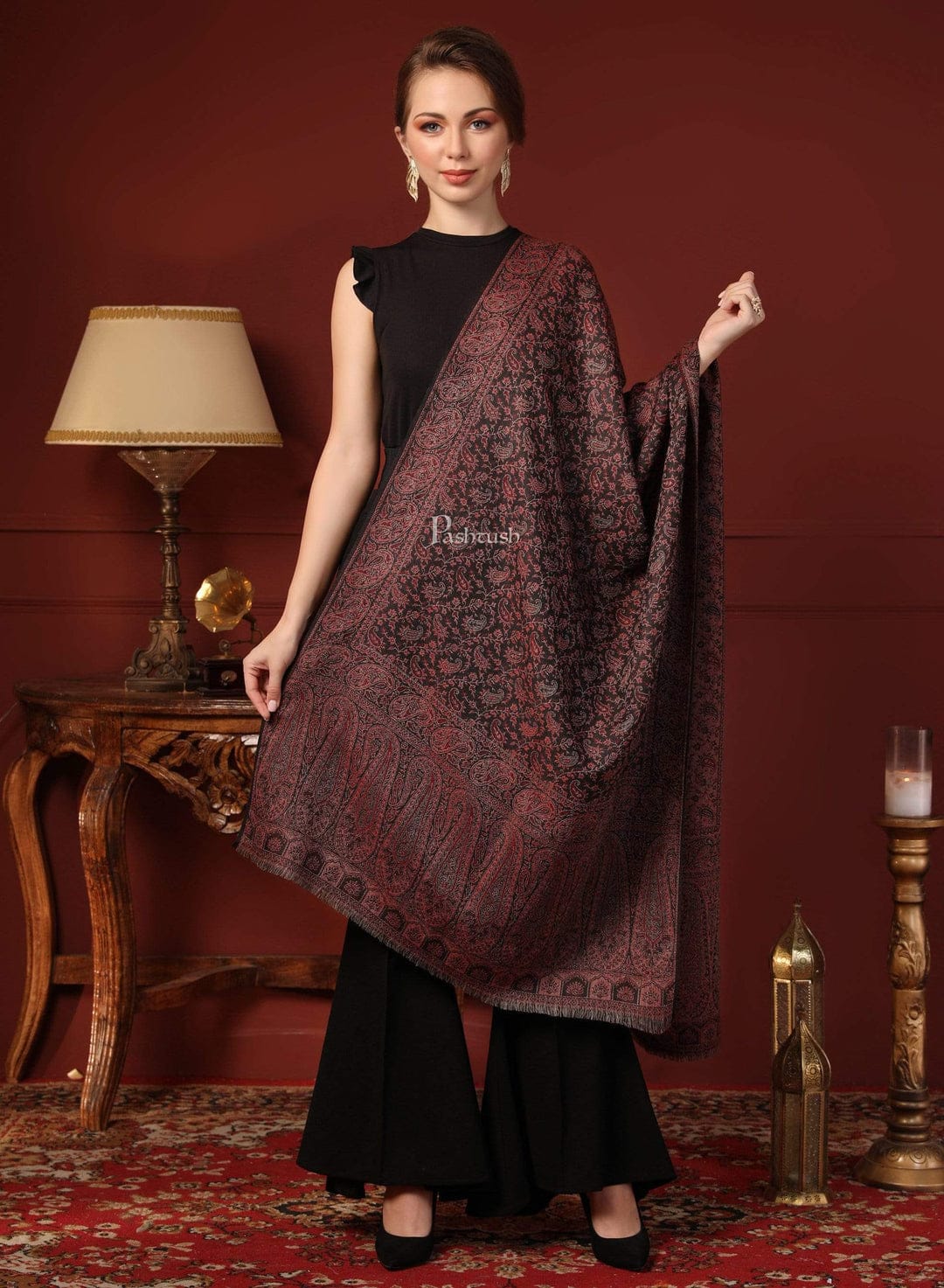 Pashtush His And Her Set Of Fine Wool Stoles, Premium Gift Box Packaging, Taupe and Black - Image 12