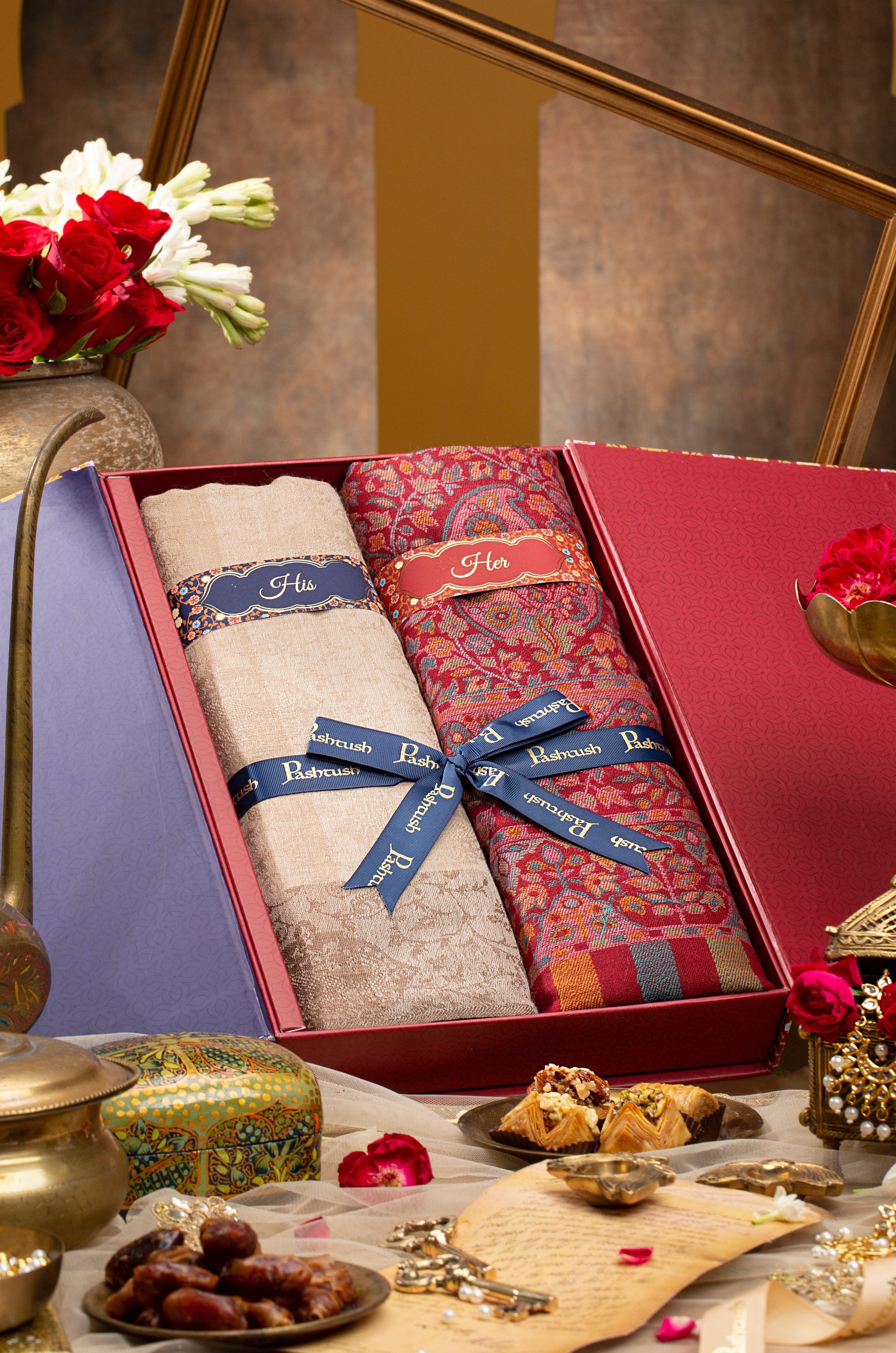 Pashtush His and Her Set of Fine Wool Stoles with Premium Gift Box Packaging, Beige and Maroon