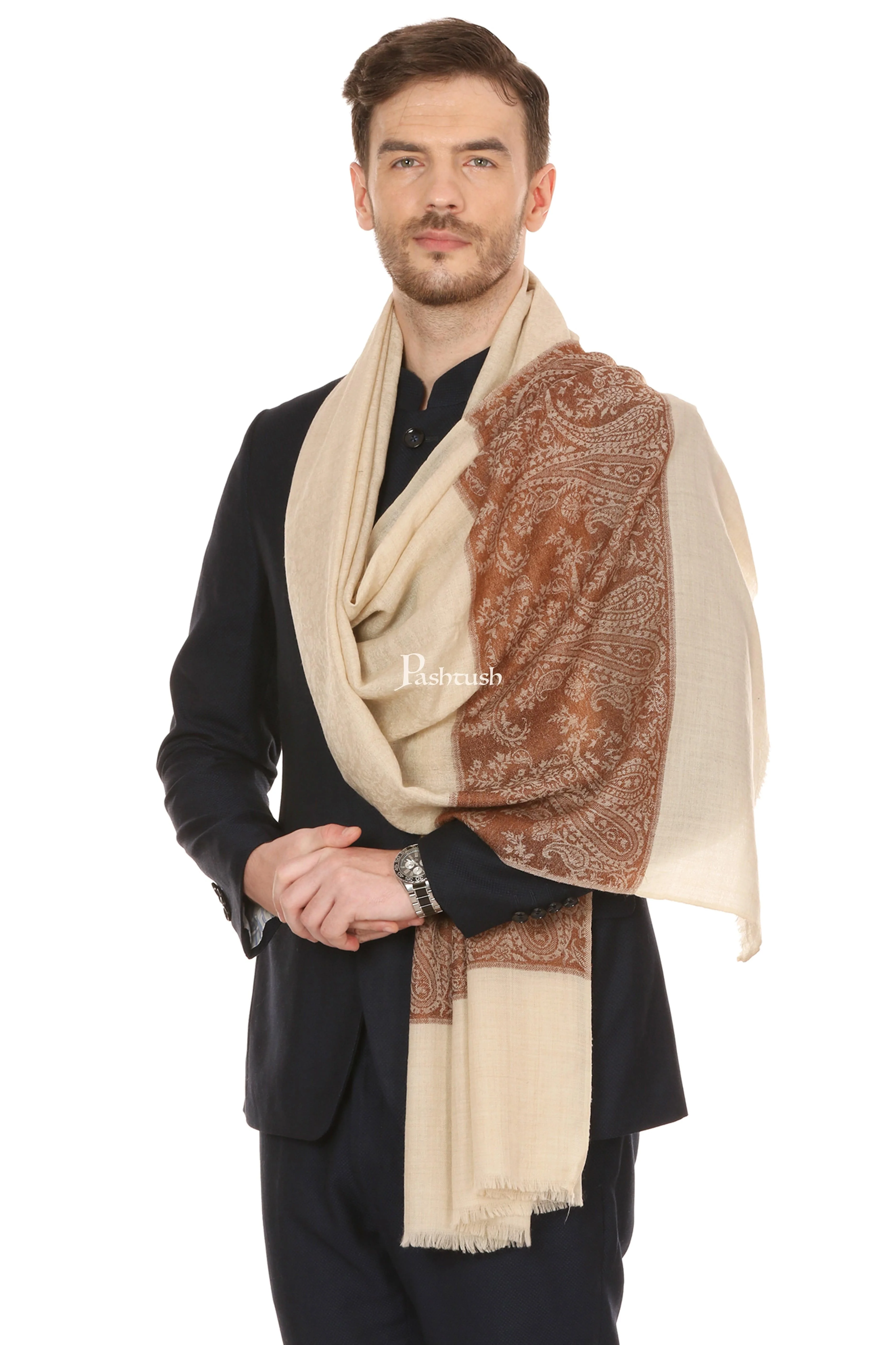 Pashtush His And Her Set Of Jacquard and Floral Design Stoles With Premium Gift Box Packaging, Beige And Coffee - Image 3