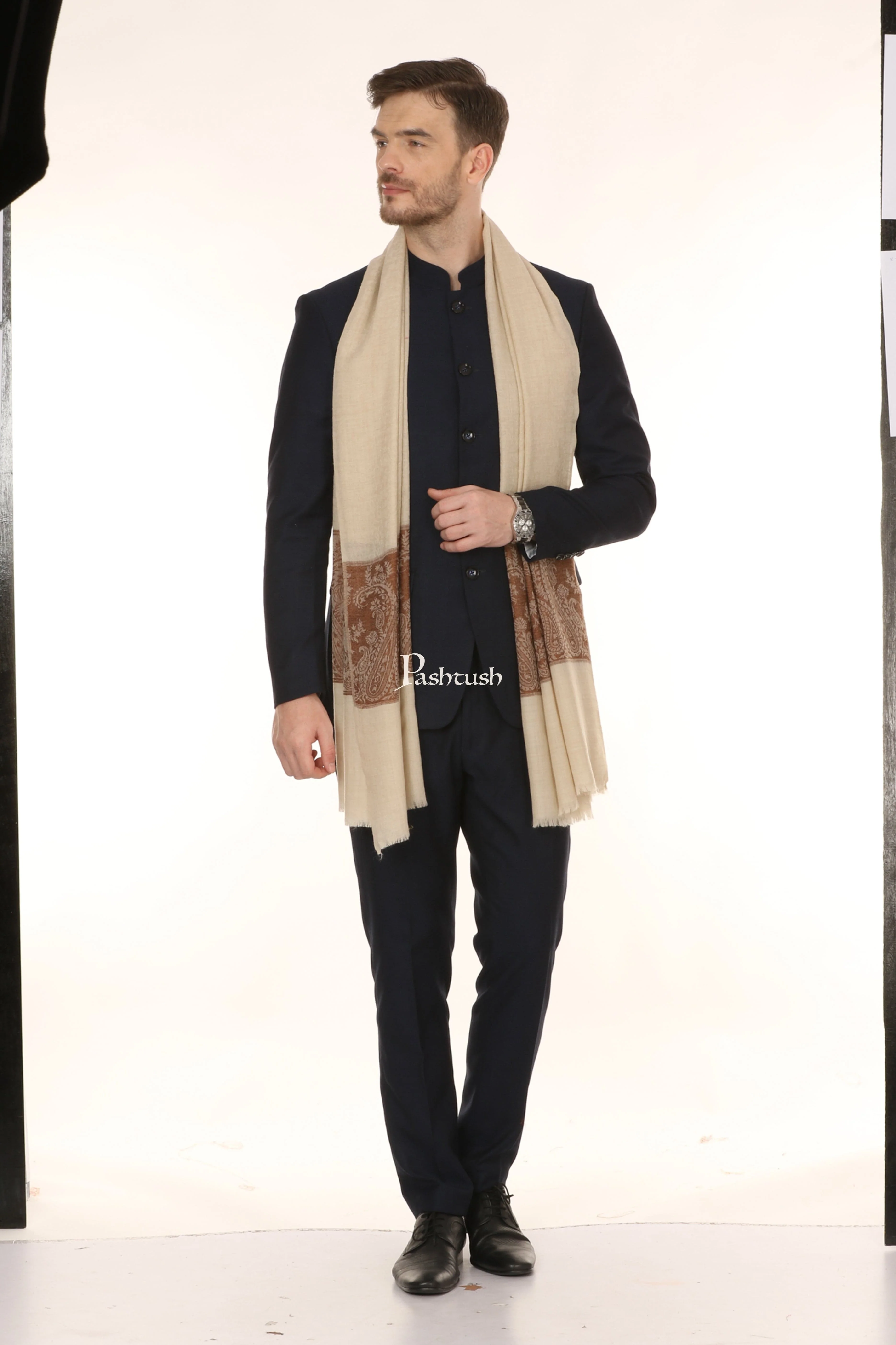Pashtush His And Her Set Of Jacquard and Floral Design Stoles With Premium Gift Box Packaging, Beige And Coffee - Image 5