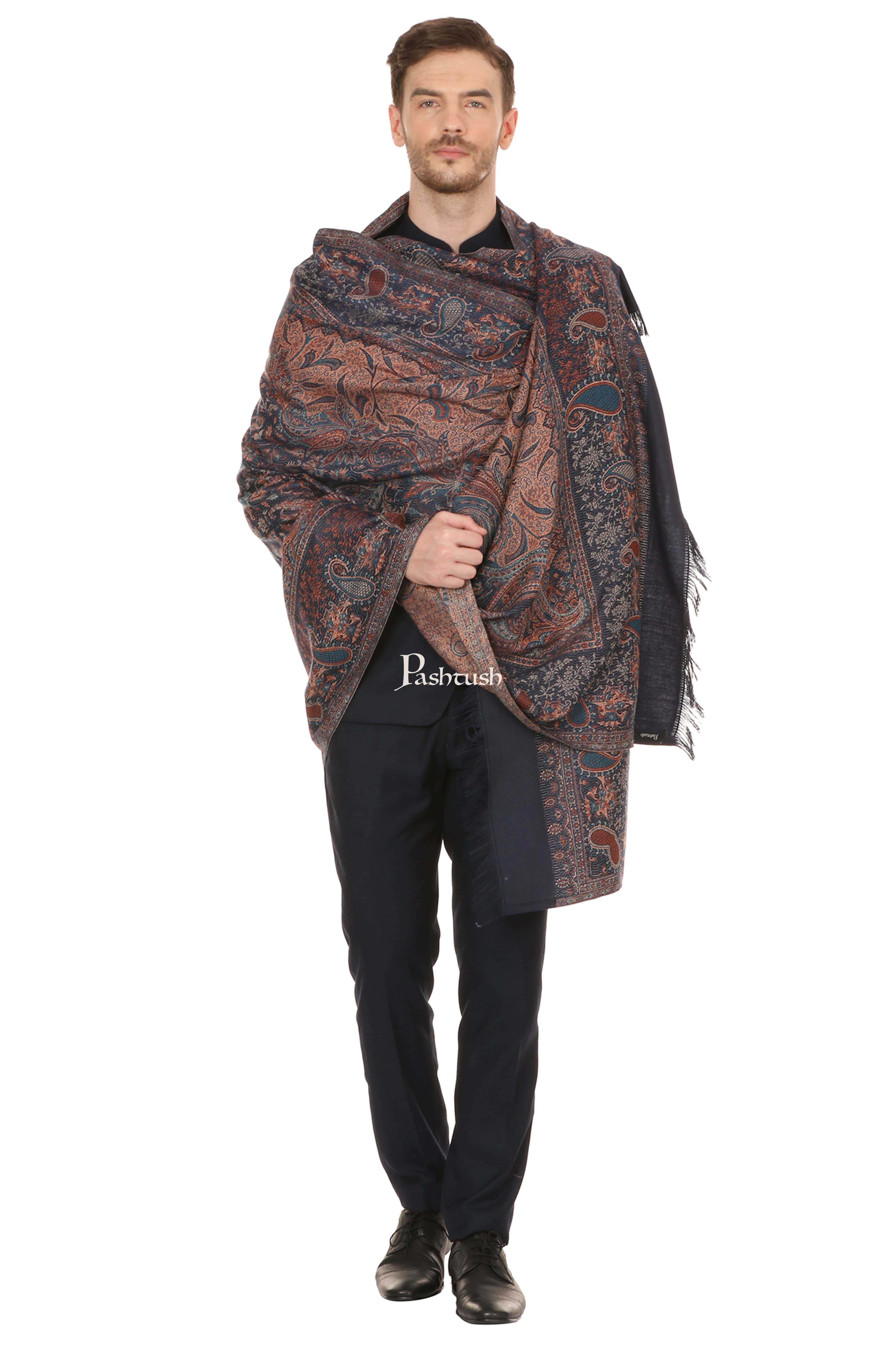 Pashtush His And Her Set Of Jamawar Stole and Shawl, Premium Gift Box Packaging, Navy Blue and Peach - Image 7