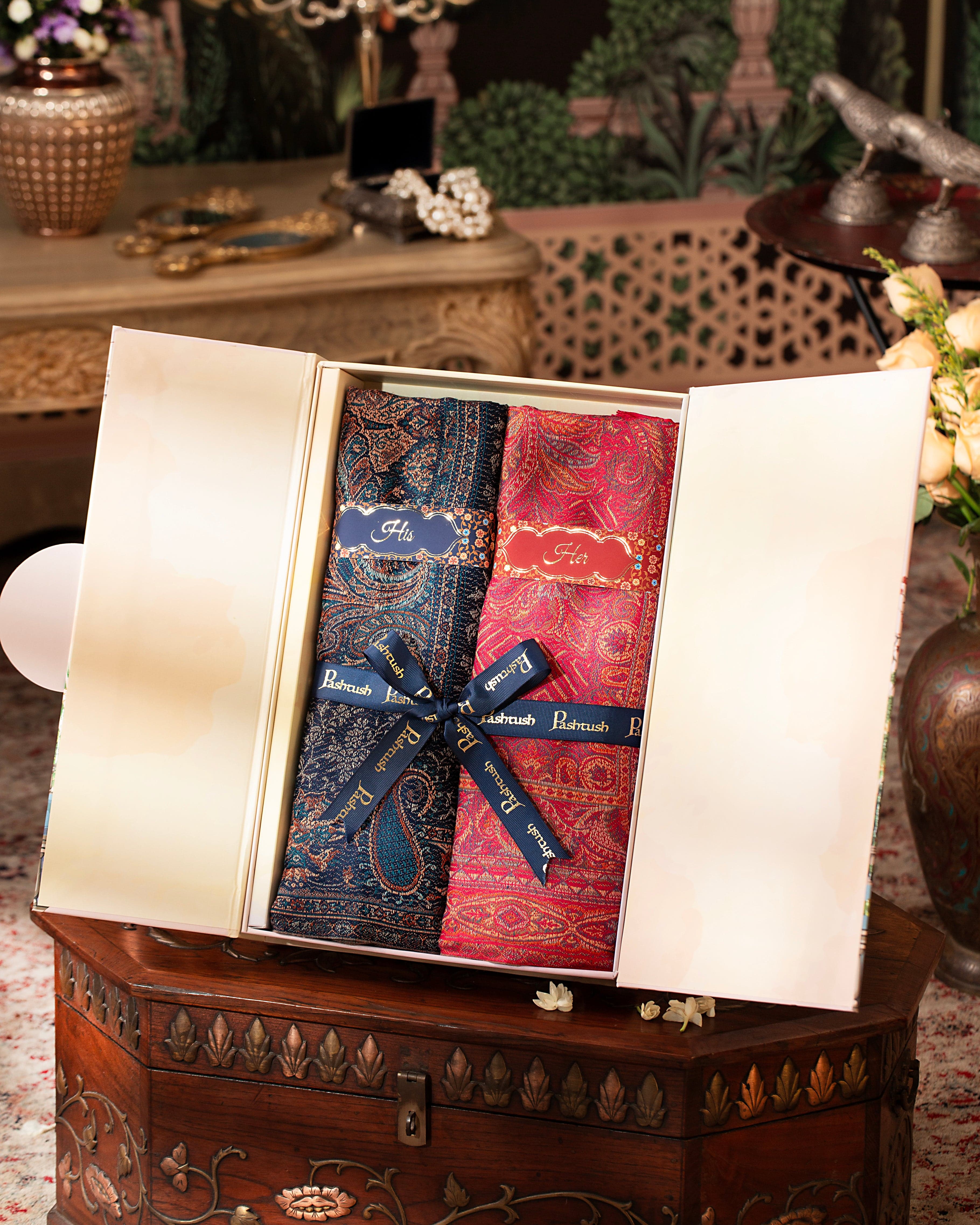 Pashtush His And Her Set Of Jamawar Stole and Shawl, Premium Gift Box Packaging, Navy Blue and Pink - Image 4