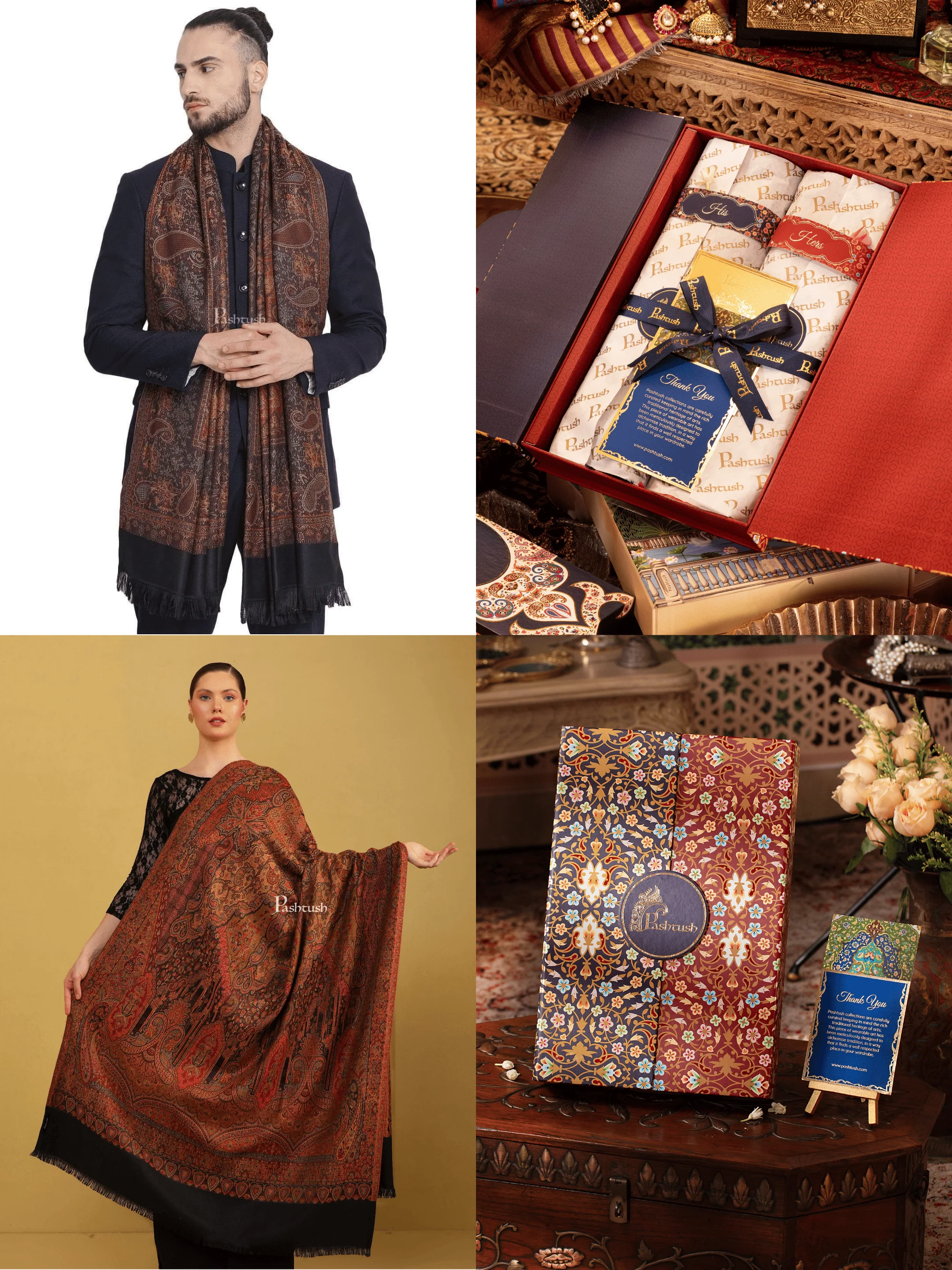 Pashtush His And Her Set Of Jamawar Stole and Womens Shawl, Premium Gift Box Packaging, Black