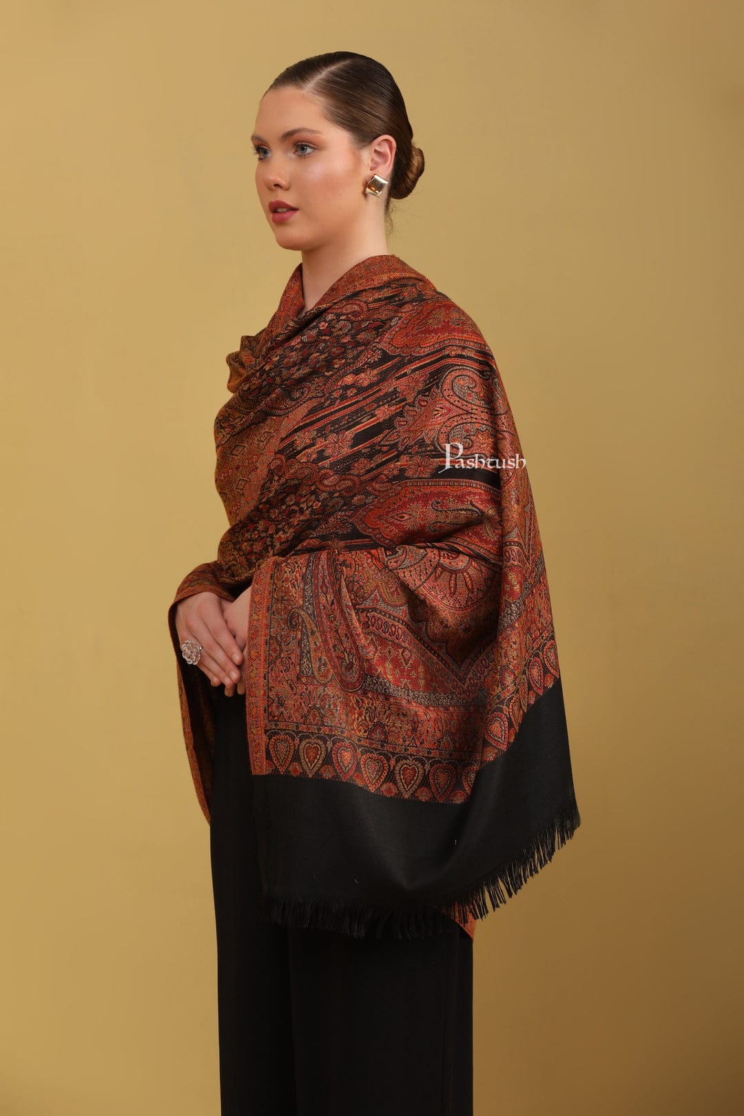 Pashtush His And Her Set Of Jamawar Stole and Womens Shawl, Premium Gift Box Packaging, Black - Image 10