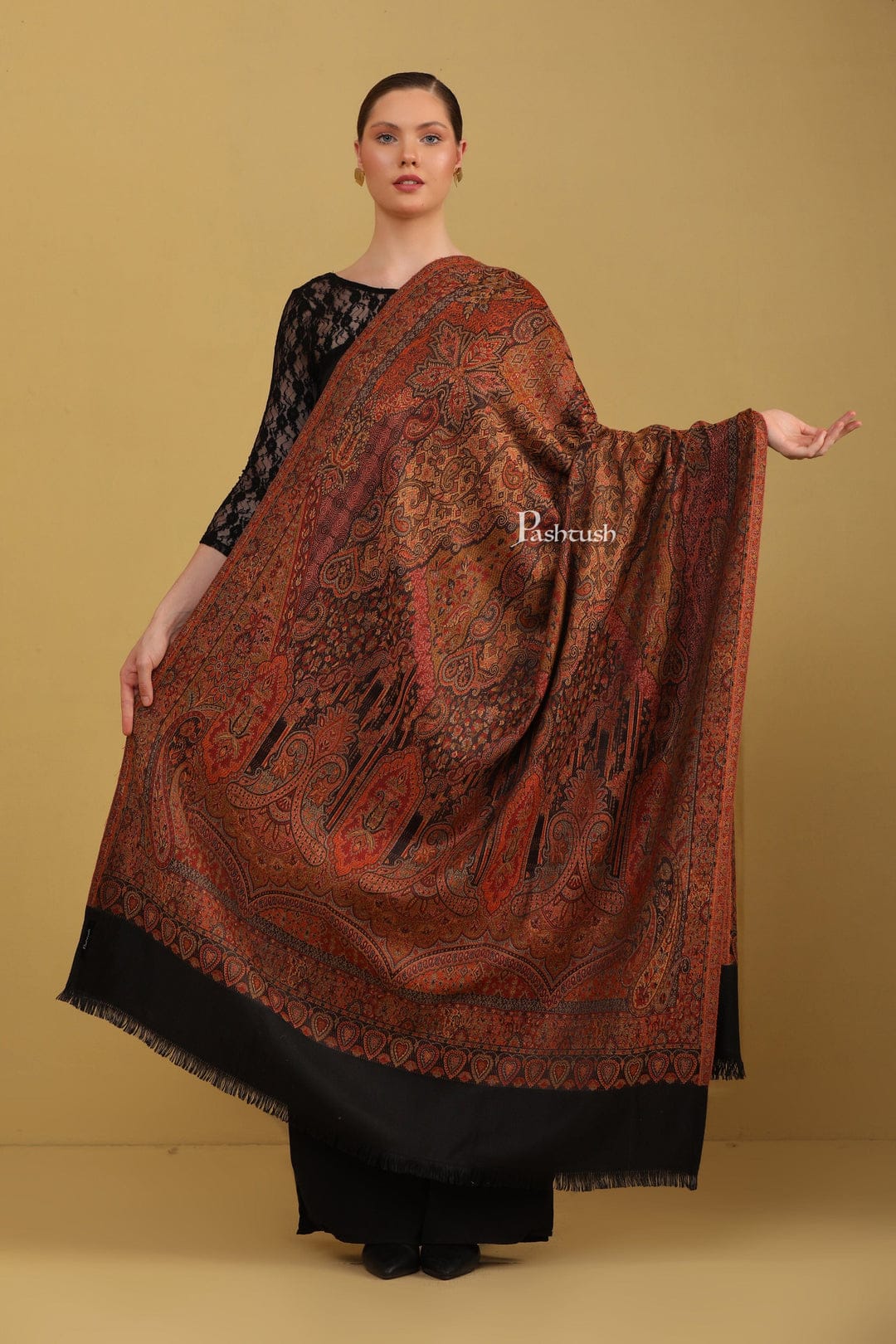 Pashtush His And Her Set Of Jamawar Stole and Womens Shawl, Premium Gift Box Packaging, Black - Image 7