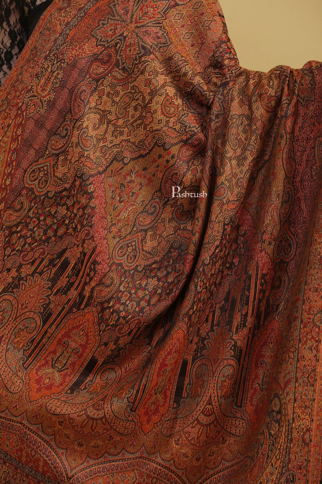 Pashtush His And Her Set Of Jamawar Stole and Womens Shawl, Premium Gift Box Packaging, Black - Image 8