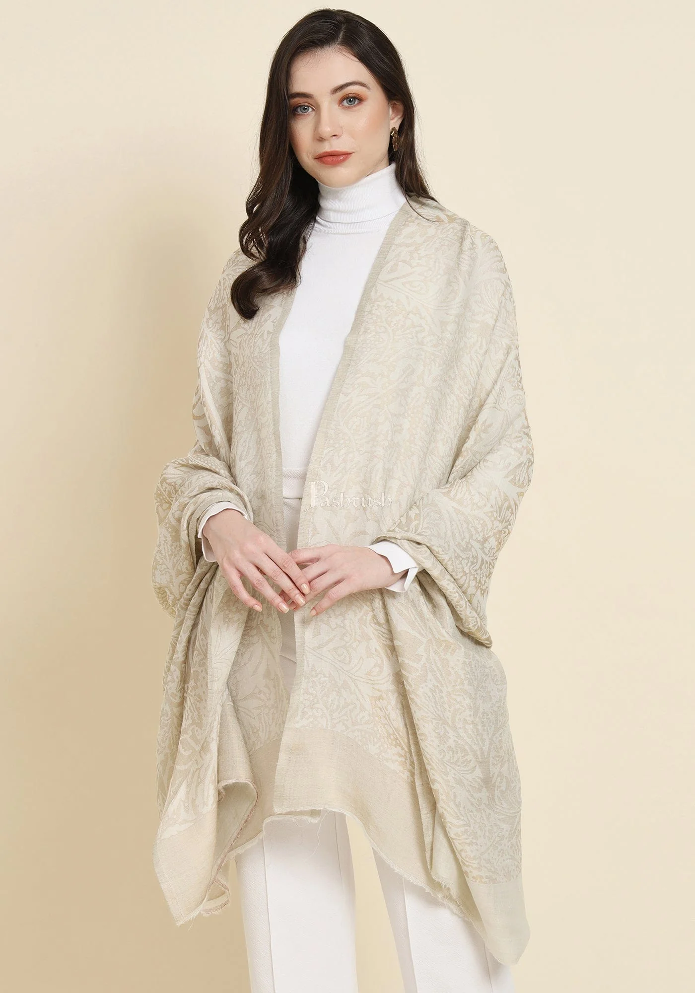 Pashtush His And Her Set Of Jaquard Metallic Weave Stole and Shawl With Premium Gift Box Packaging, Black and Ivory - Image 10