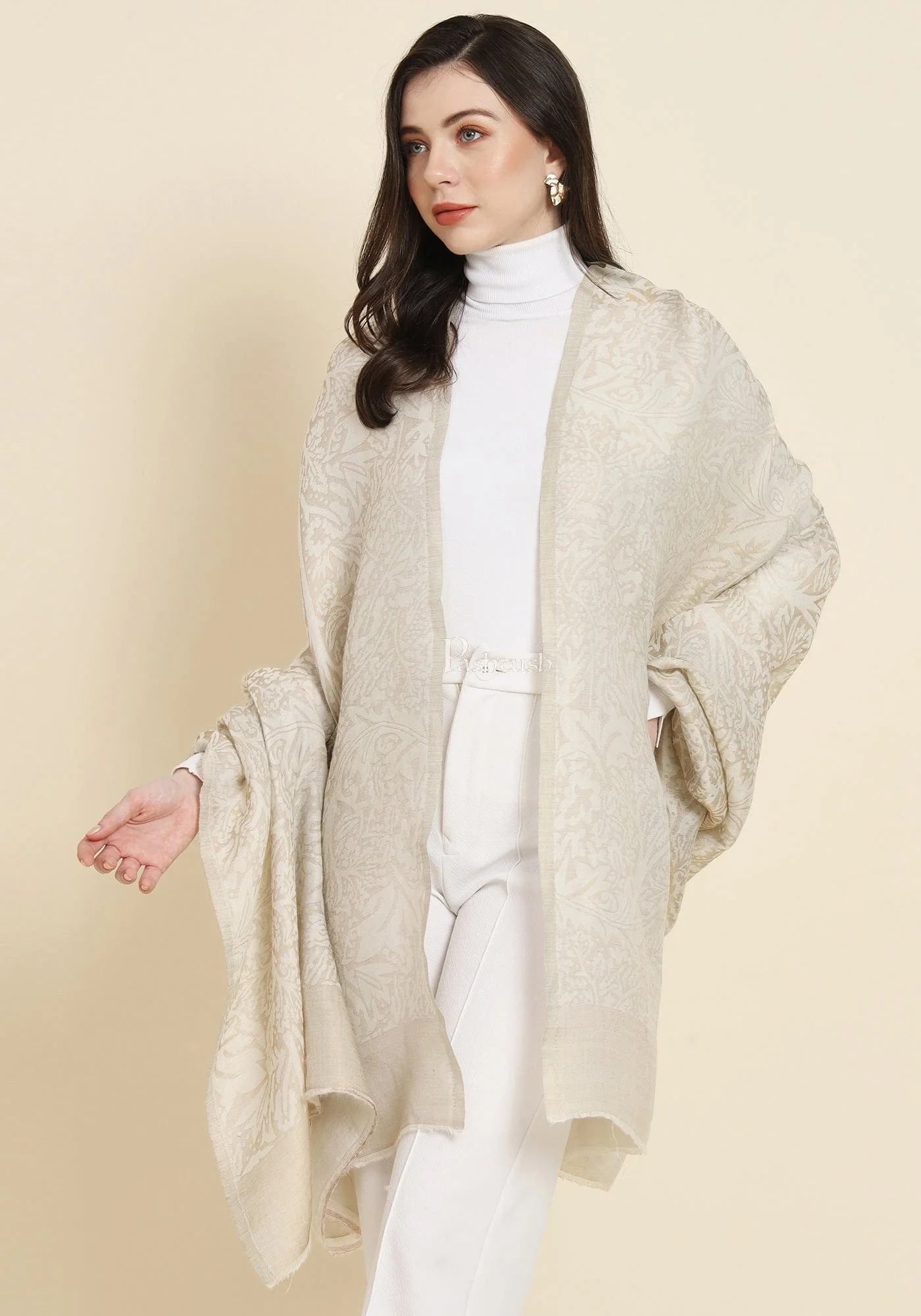 Pashtush His And Her Set Of Jaquard Metallic Weave Stole and Shawl With Premium Gift Box Packaging, Black and Ivory - Image 12